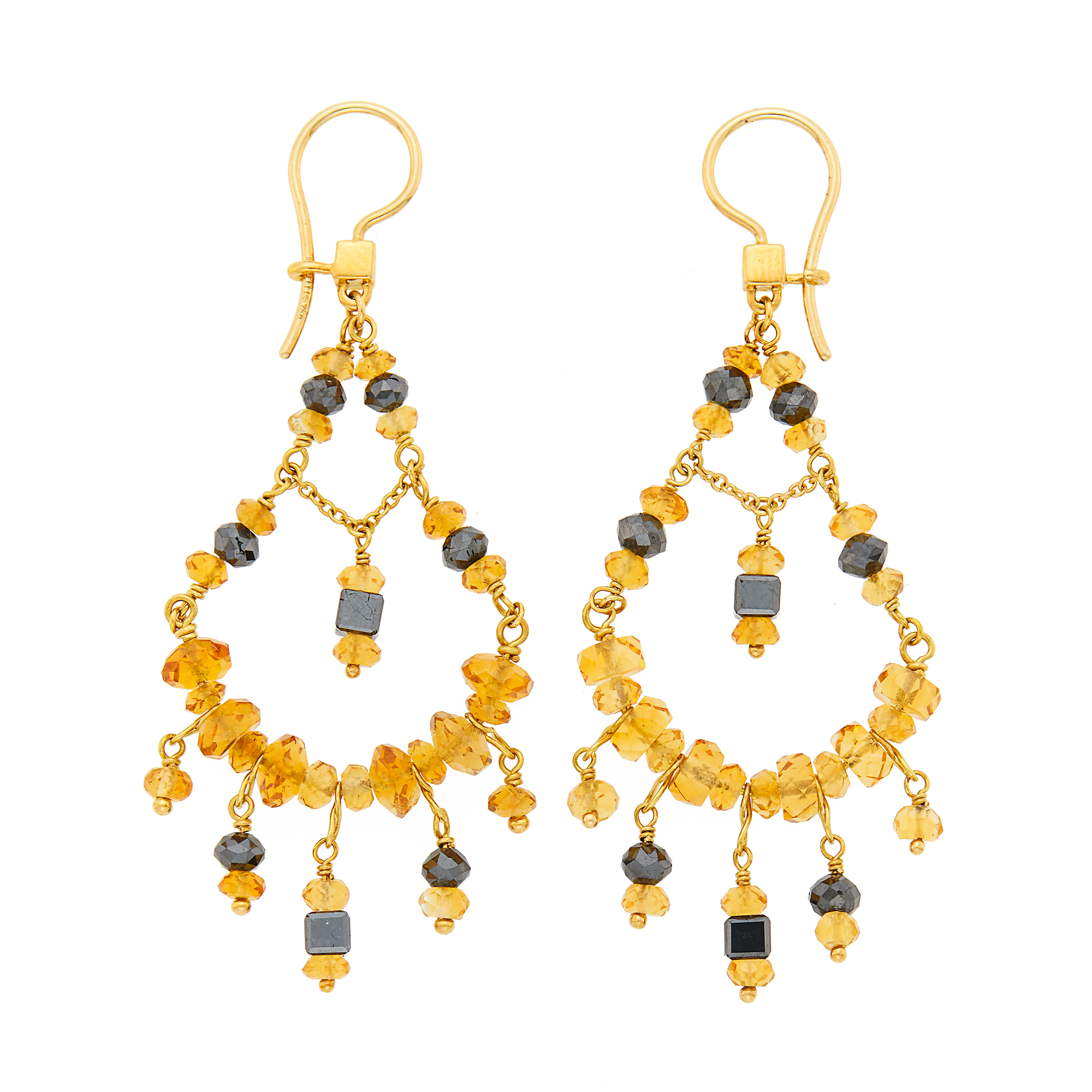 Lot image - Paul Morelli Pair of Gold, Black Diamond and Citrine Bead Pendant-Earrings
