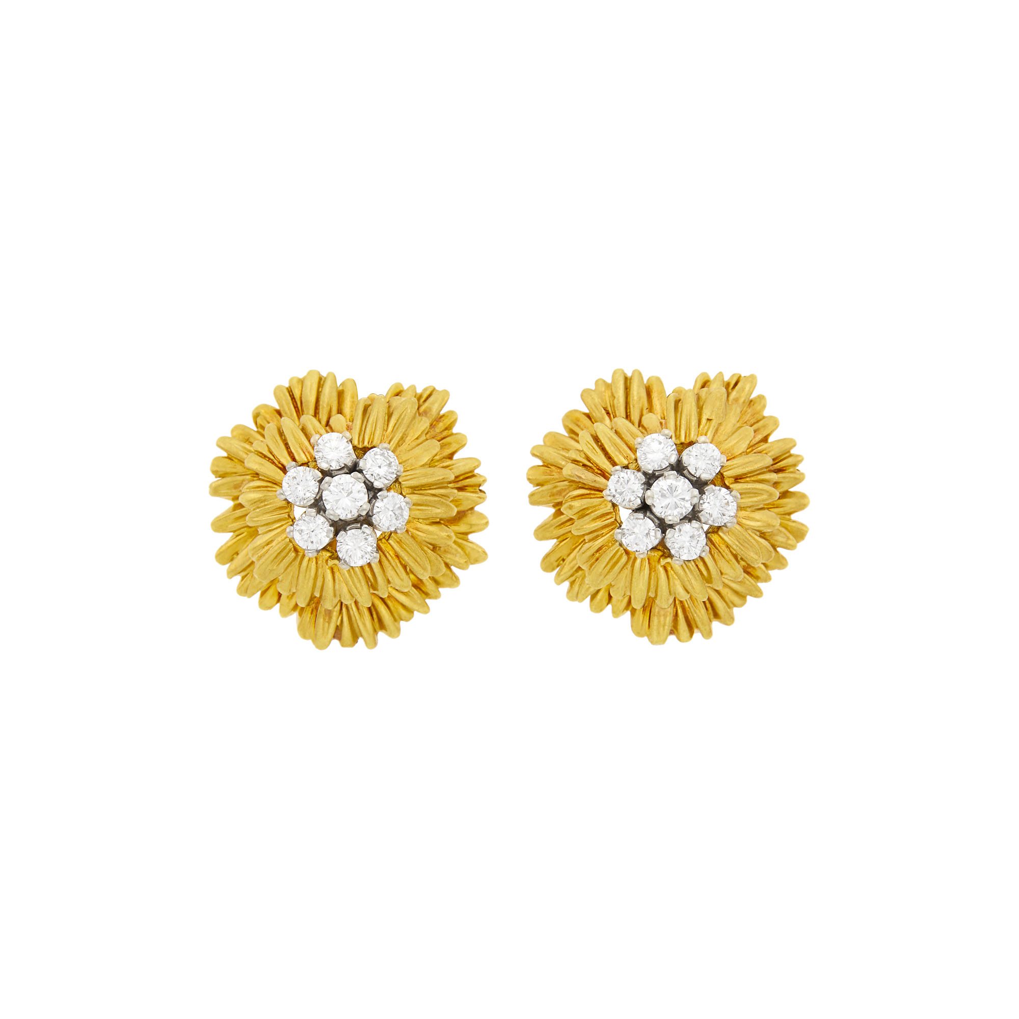 Lot image - Tiffany & Co. Pair of Gold and Diamond Flower Earclips