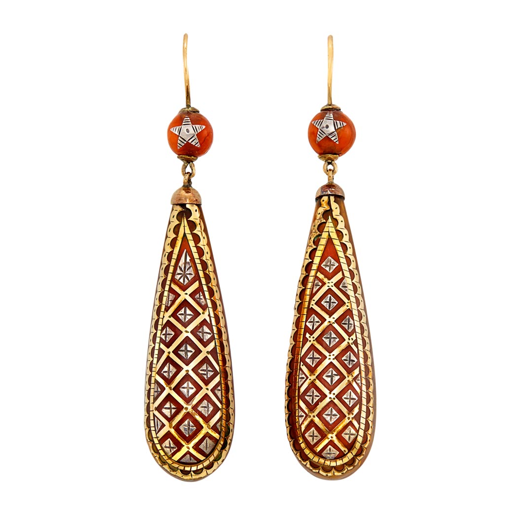 Lot image - Pair of Antique Tortoise Shell, Gold and Silver Pendant-Earrings
