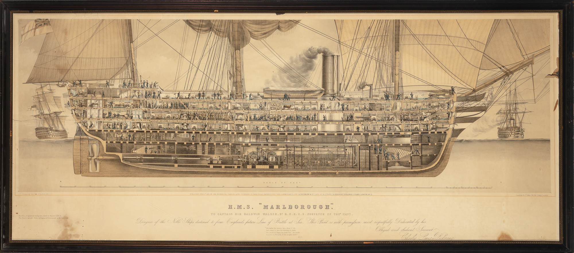 Lot image - [ENGLISH NAVY-PRINT]  Large lithograph showing the cross section of H.M.S Marlborough.