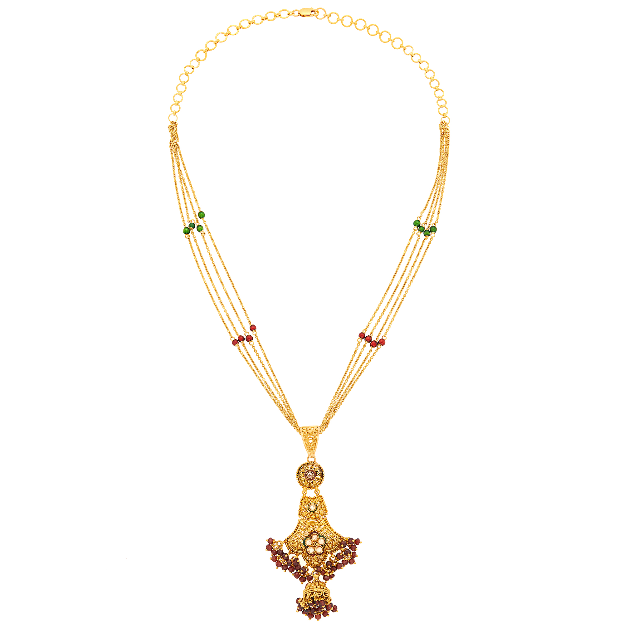 Lot image - Four Strand Gold, Enamel, Simulated Diamond and Garnet Bead Fringe Pendant-Necklace