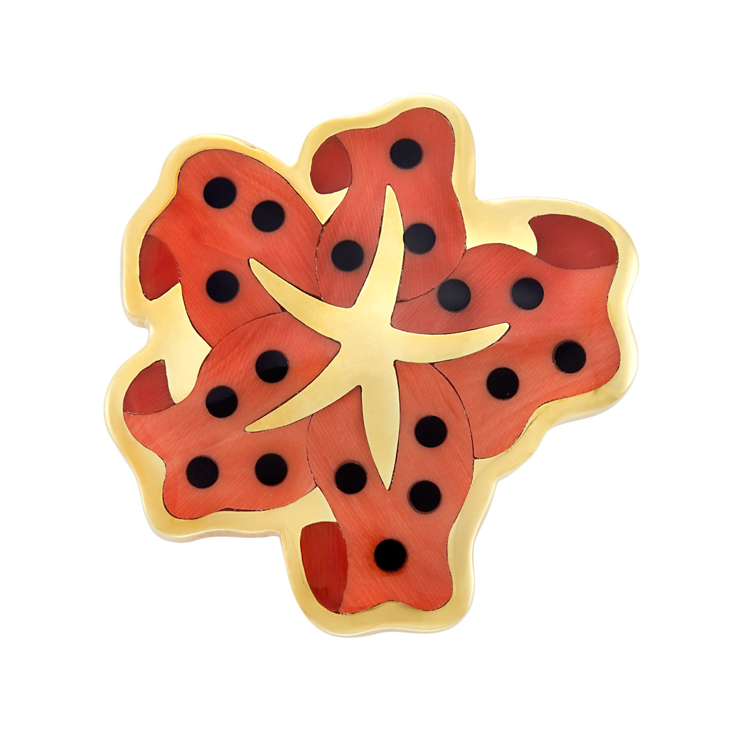 Lot image - Gold, Coral and Black Onyx Starfish Clip-Brooch, Tiffany & Co., Angela Cummings
