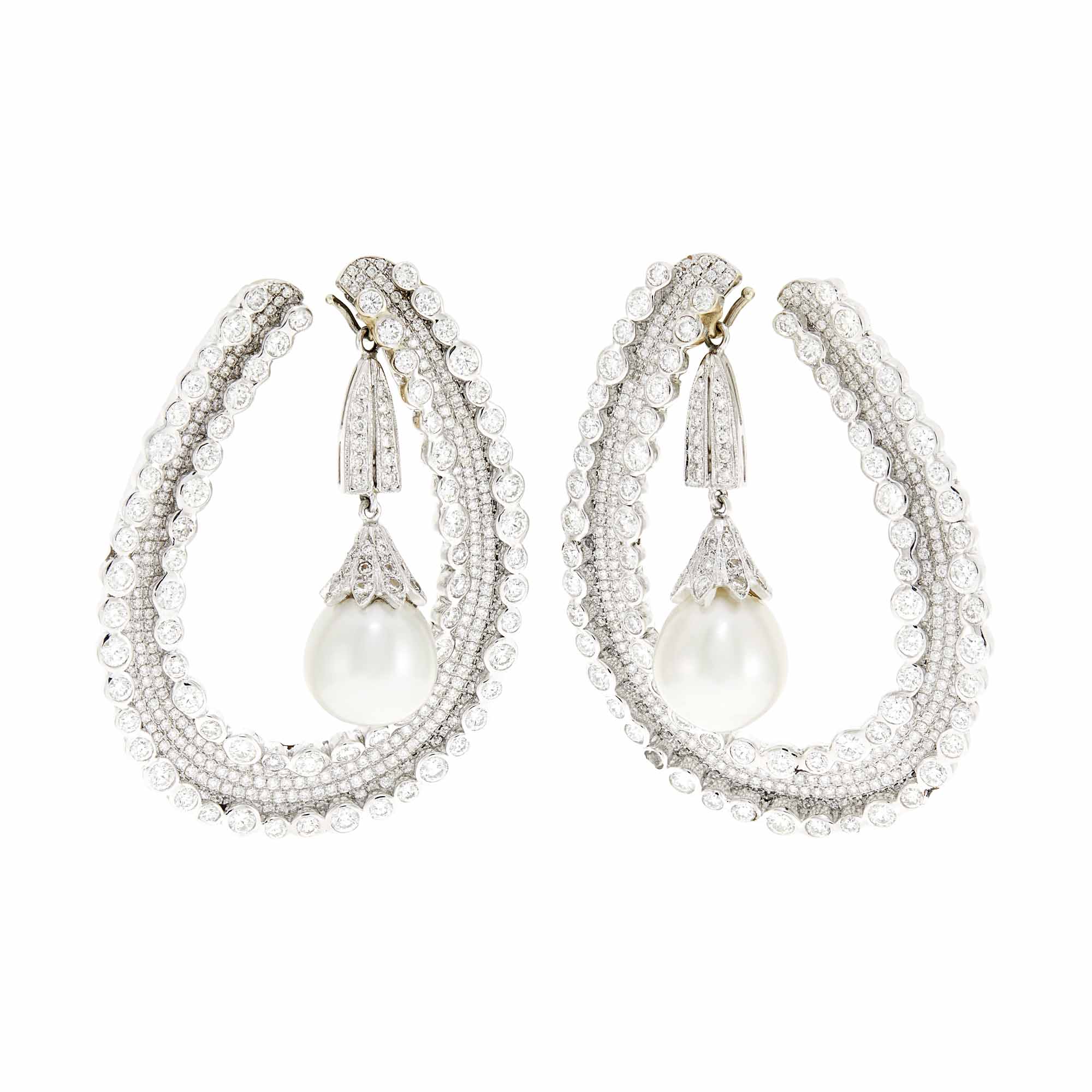 Lot image - Pair of White Gold, Cultured Pearl and Diamond Hoop Earclips