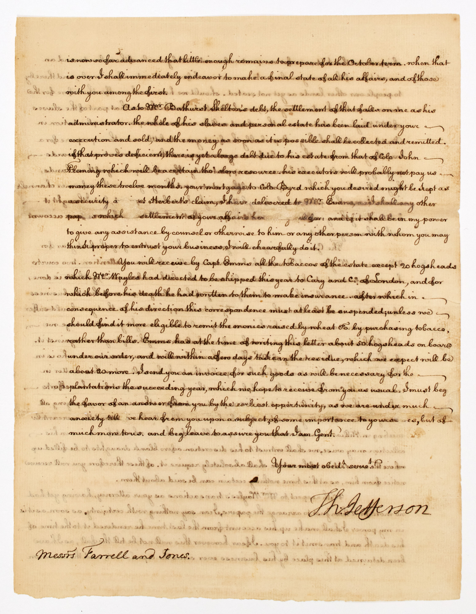 Lot image - JEFFERSON, THOMAS  Letter signed (Th: Jefferson), to the Bristol (England) mercantile house of Farell and Jones, regarding the settlement of the estate of John Wayles, his father-in-law.