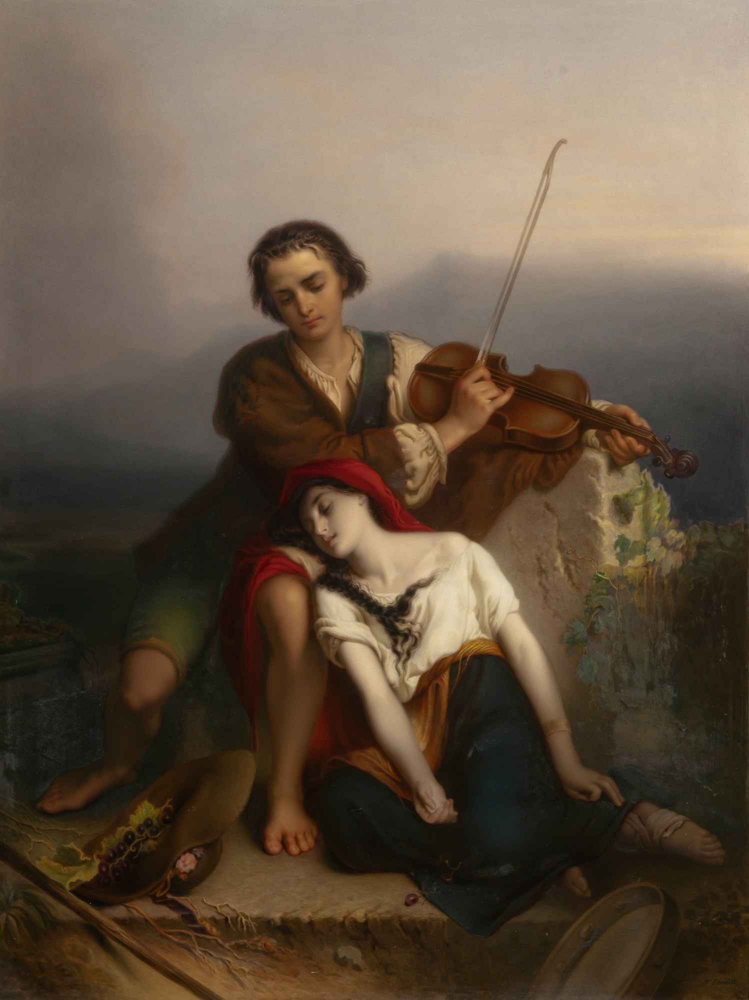 Lot image - KPM Painted Porcelain Plaque Entitled Fiddler and a Gypsy Woman (Consolation)