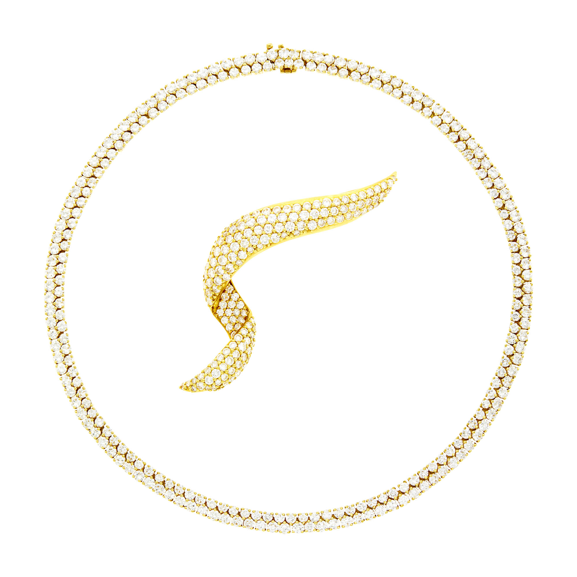 Lot image - Jose Hess Gold and Diamond Necklace with Gold and Diamond Ribbon Enhancer-Brooch