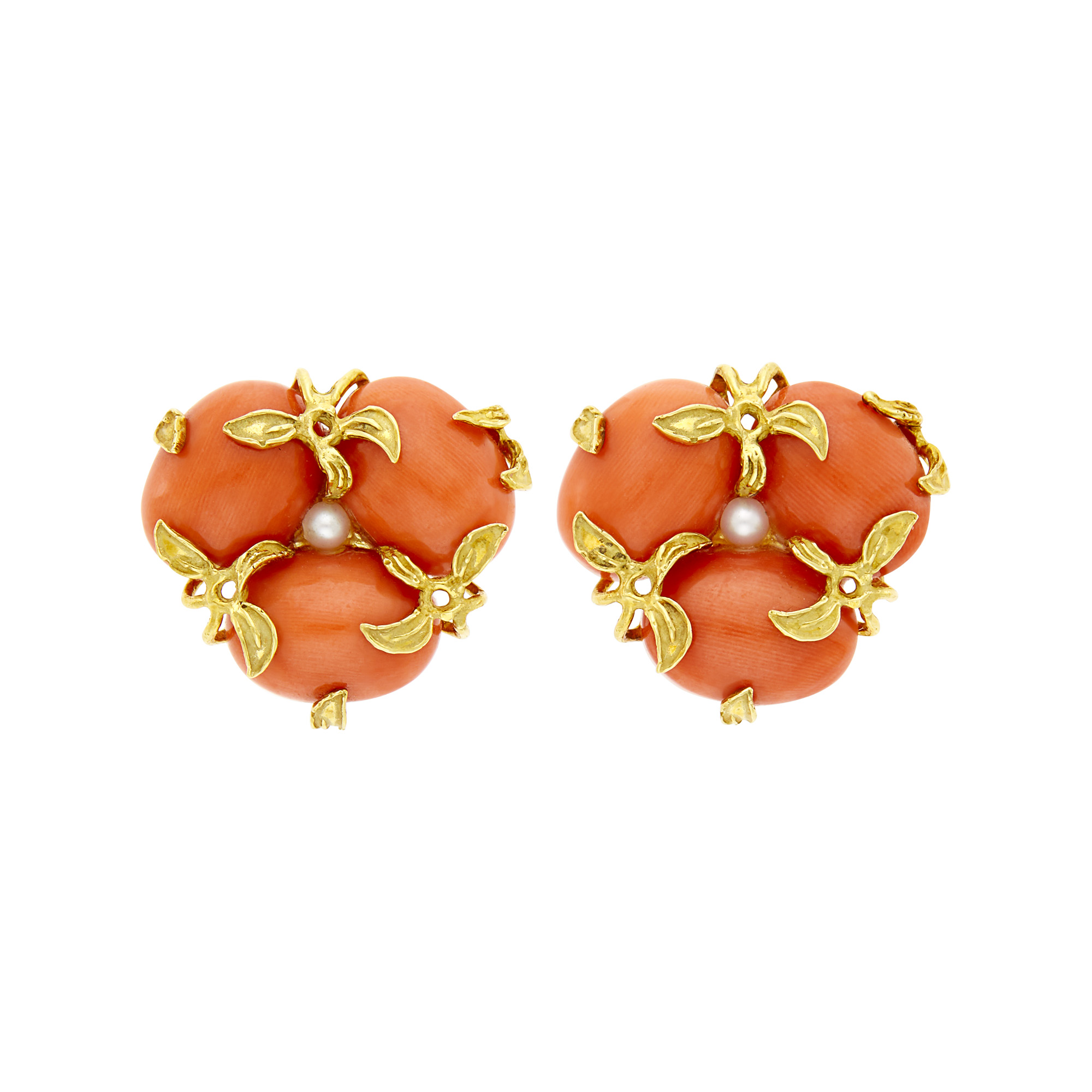Lot image - Pair of Gold, Coral and Cultured Pearl Earclips