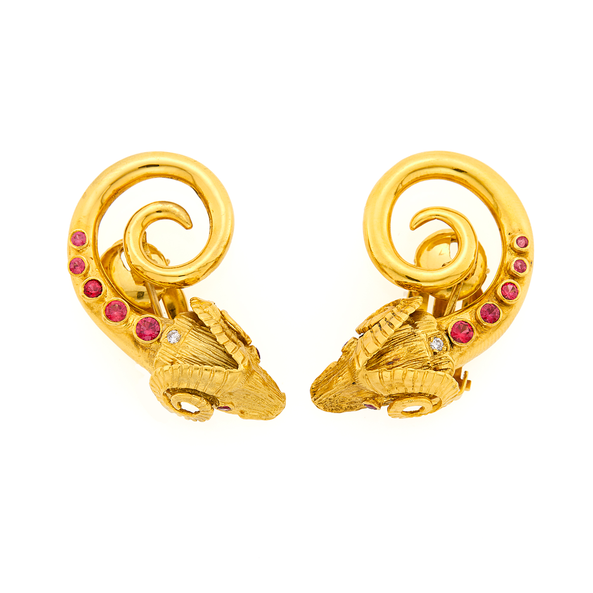 Lot image - Pair of Gold, Ruby, Synthetic Ruby and Diamond Rams Head Earclips