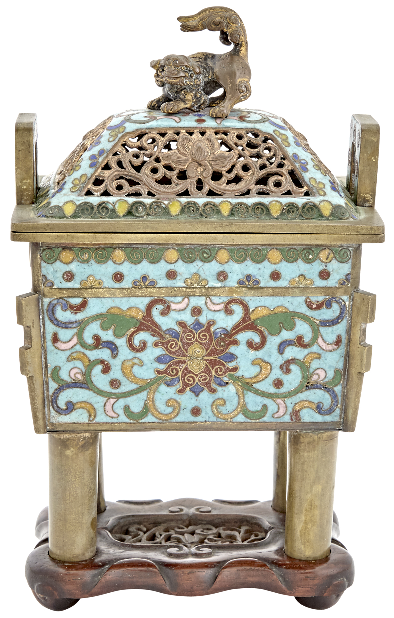 Lot image - A Chinese Cloisonné and Gilt Bronze Ding-Form Censer