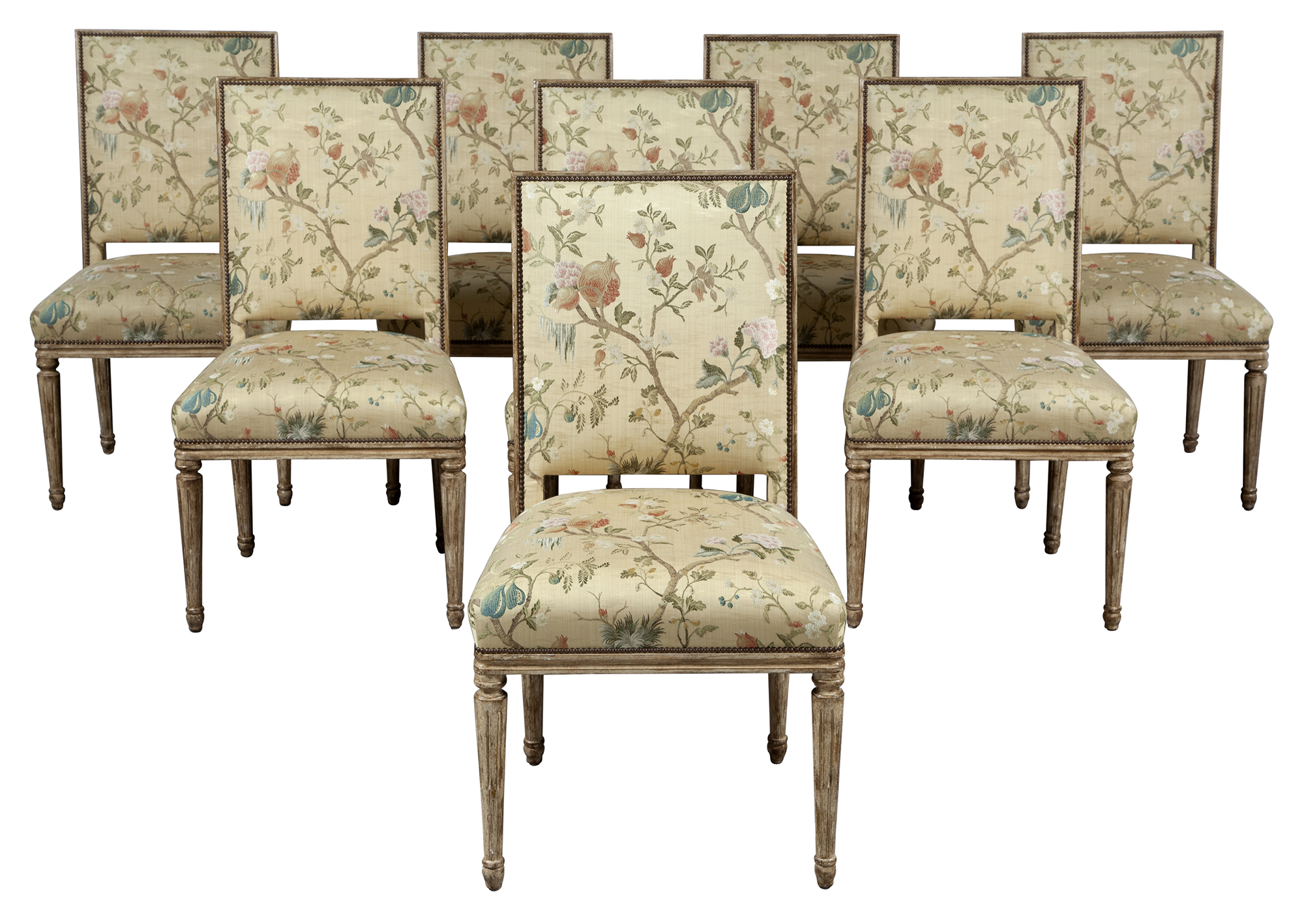 Lot image - Set of Eight Gabrielle Painted and Silk-Upholstered Dining Chairs by Nancy Corzine