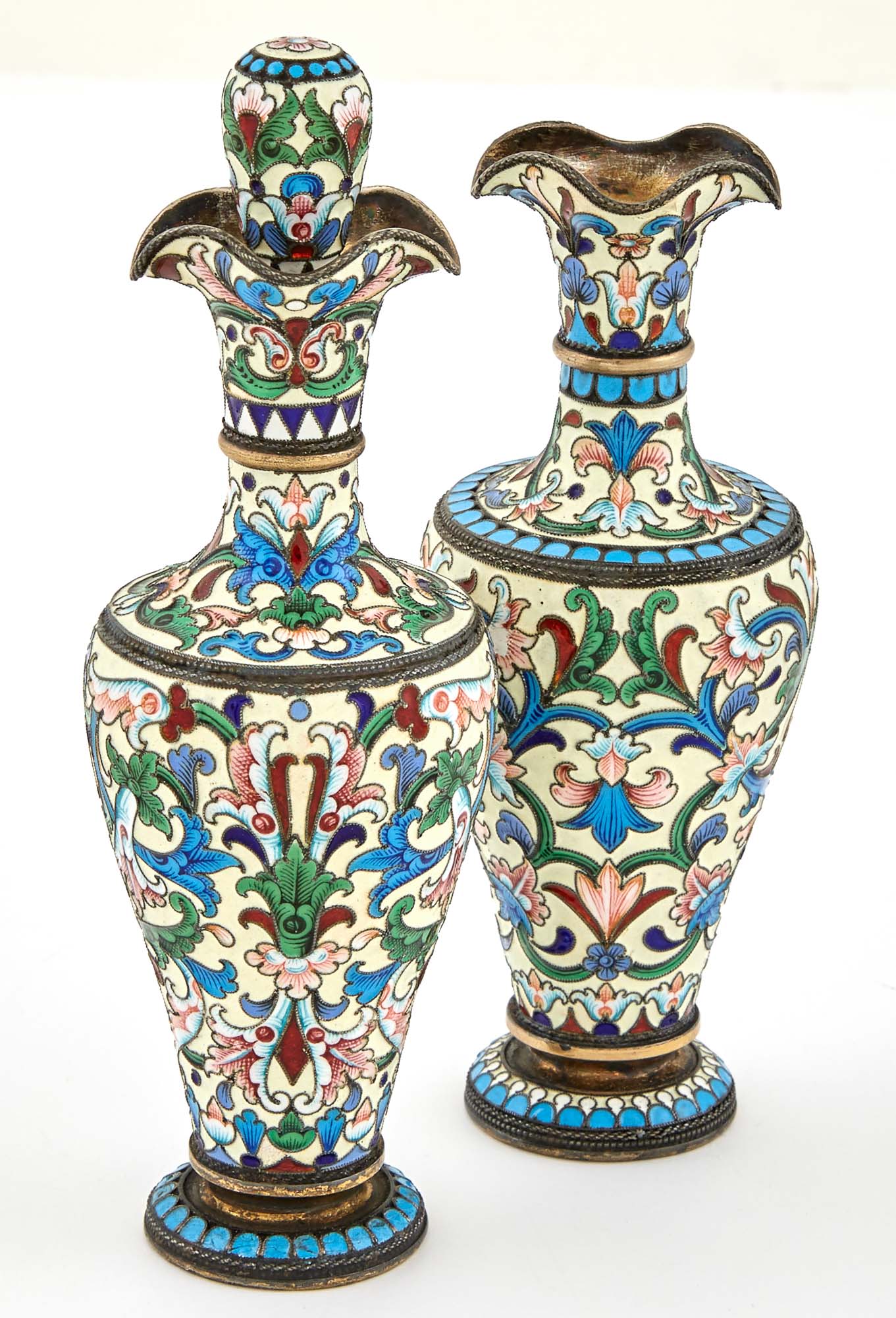 Lot image - Two Similar Russian Silver and Cloisonné Enamel Flasks