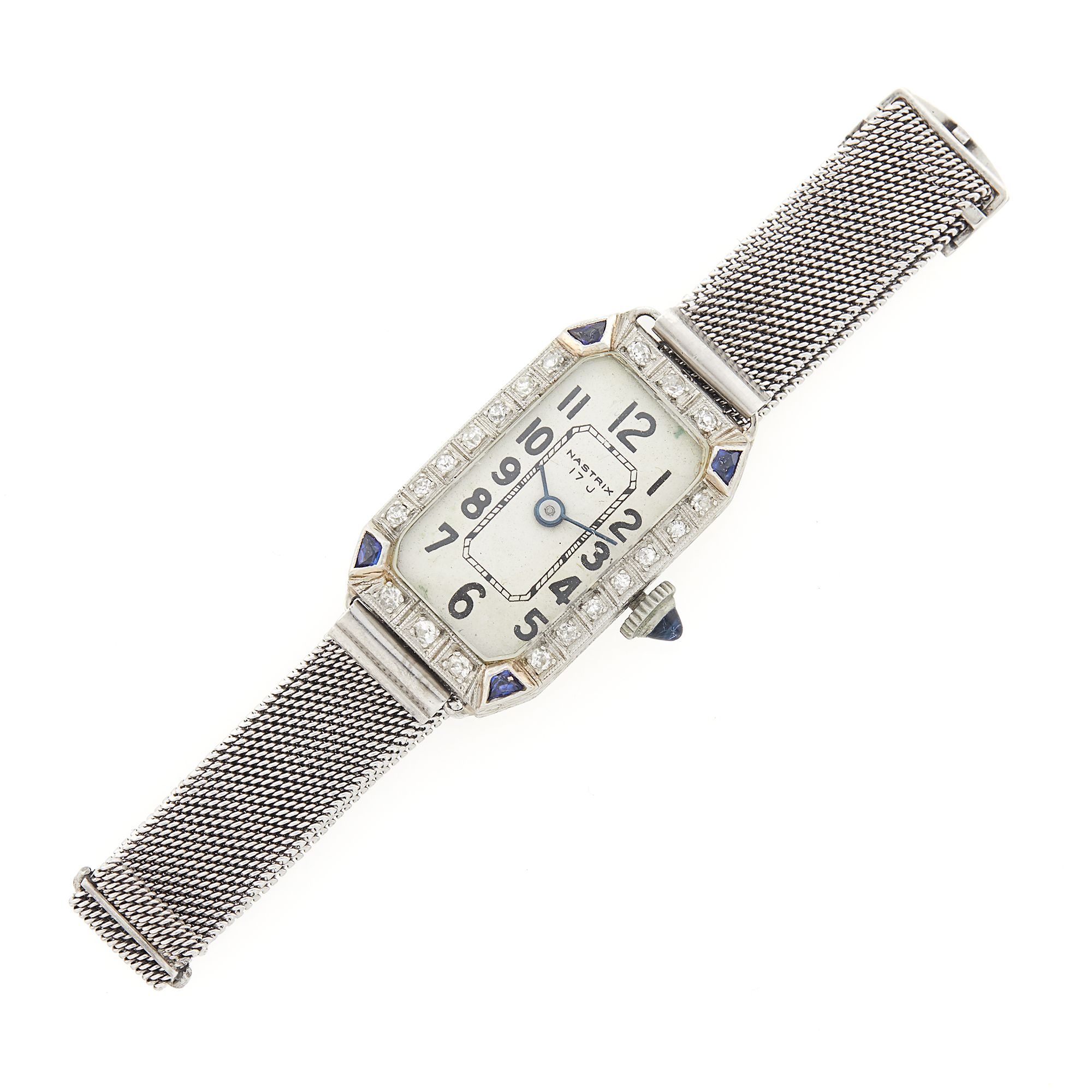 Lot image - Platinum, White Gold, Diamond and Synthetic Sapphire Wristwatch