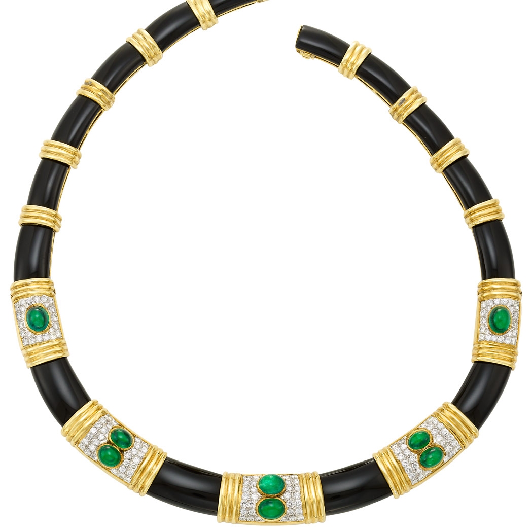Lot image - Two-Color Gold, Black Onyx, Cabochon Emerald and Diamond Necklace