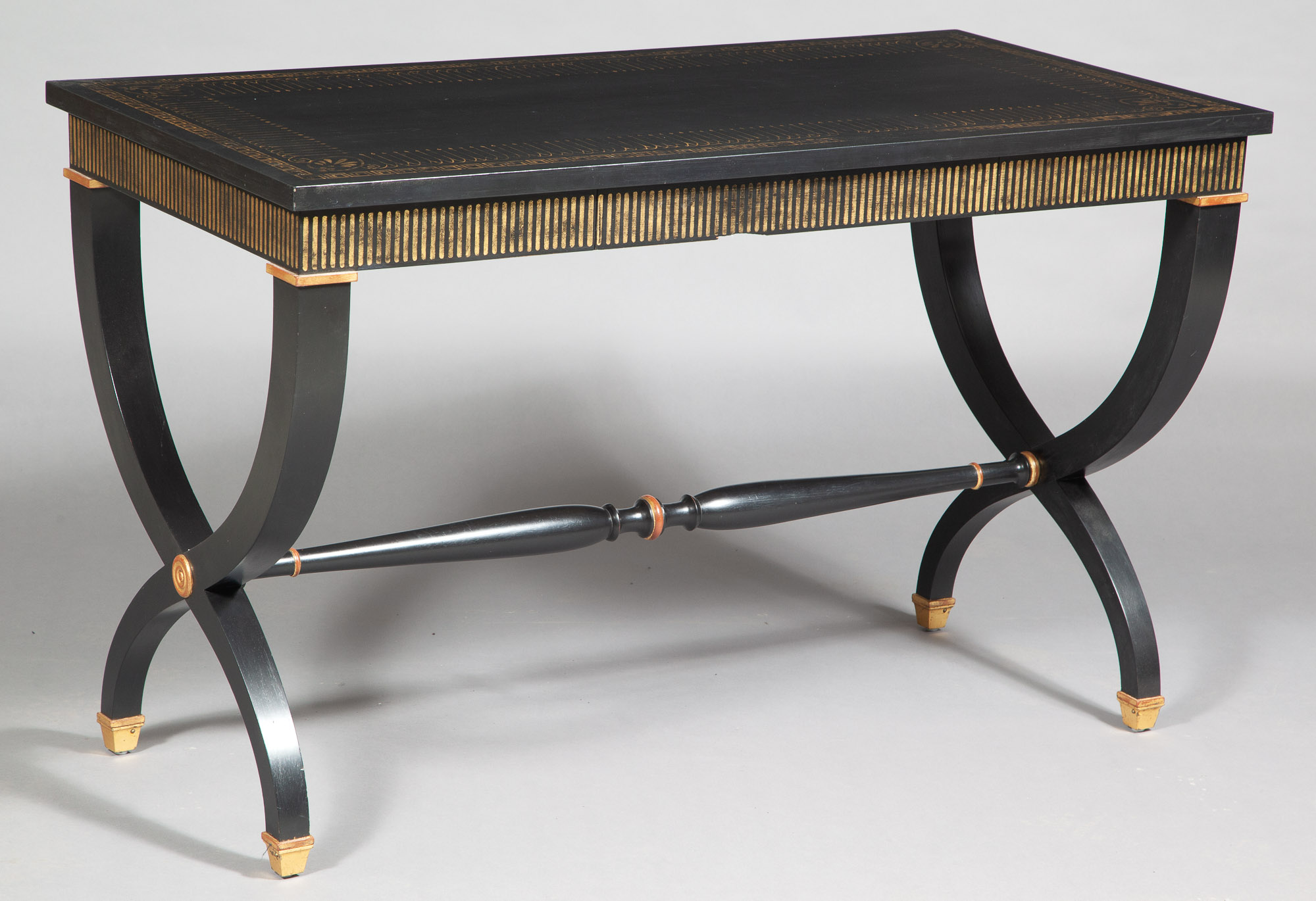 Lot image - Parish Hadley Art Deco Style Black-Painted and Parcel Gilt Writing Table