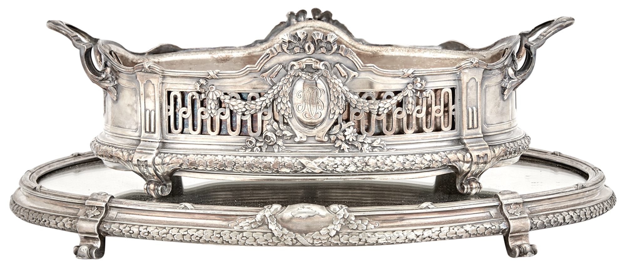 Lot image - Continental Louis XVI Style Silver Plated Jardiniere on Mirror Plateau