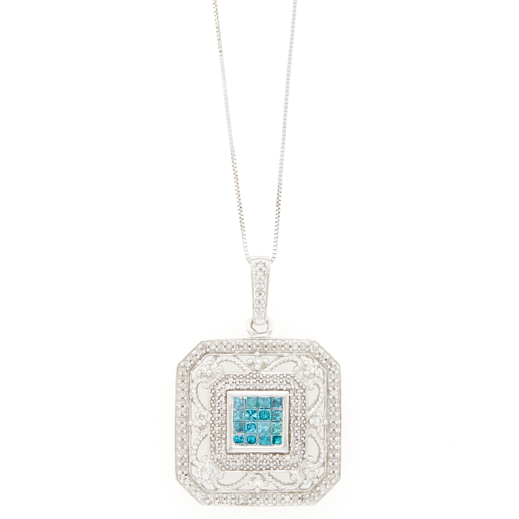 Lot image - White Gold, Invisibly-Set Treated Blue Diamond and Diamond Pendant with Chain Necklace