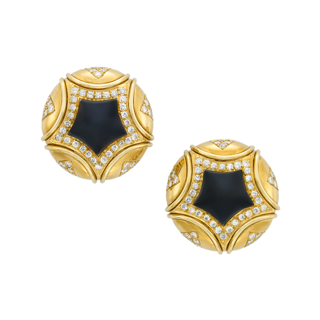 Lot image - Pair of Gold, Black Onyx and Diamond Earclips