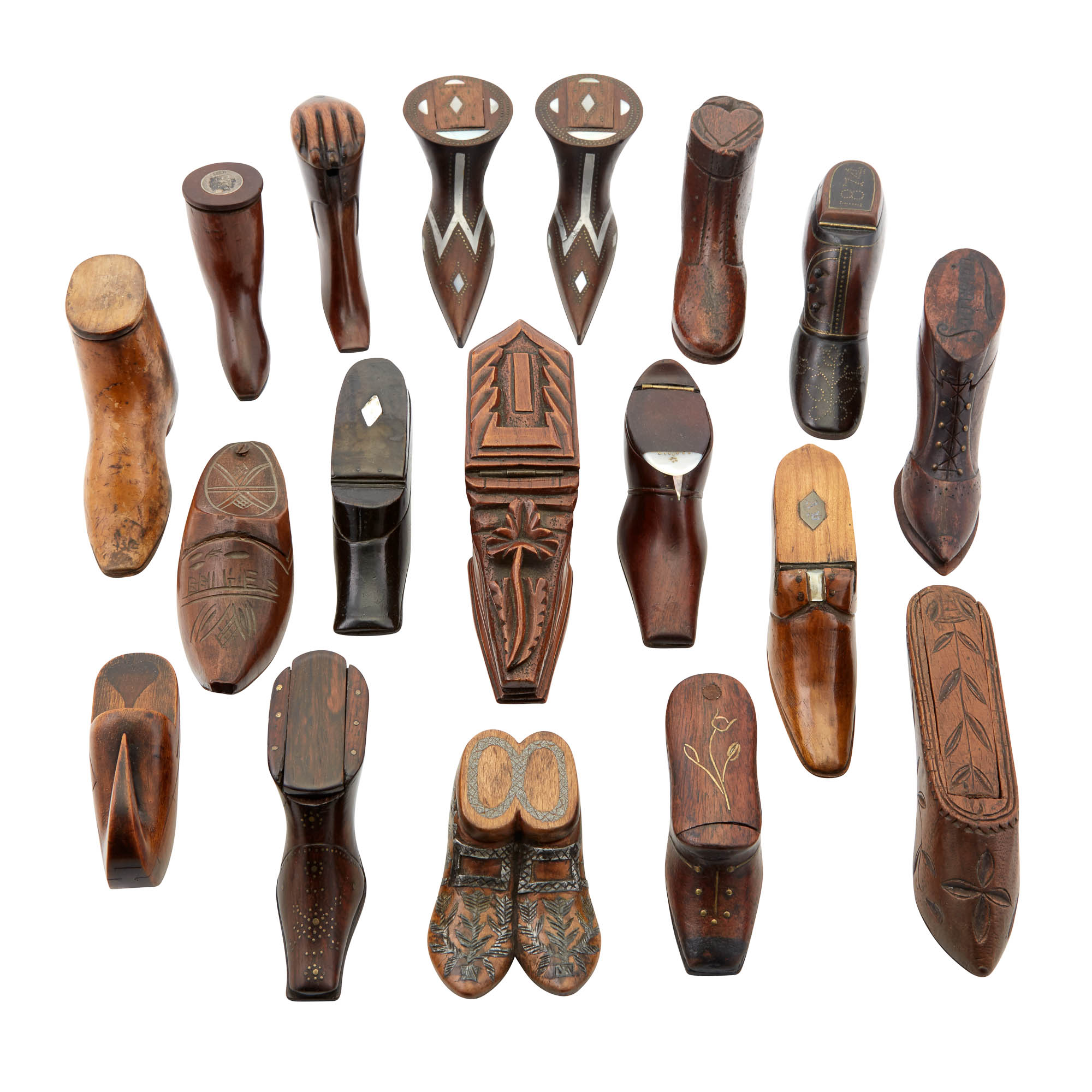 Lot image - Miscellaneous Group of English and Continental Shoe-Form Treen Snuff Boxes