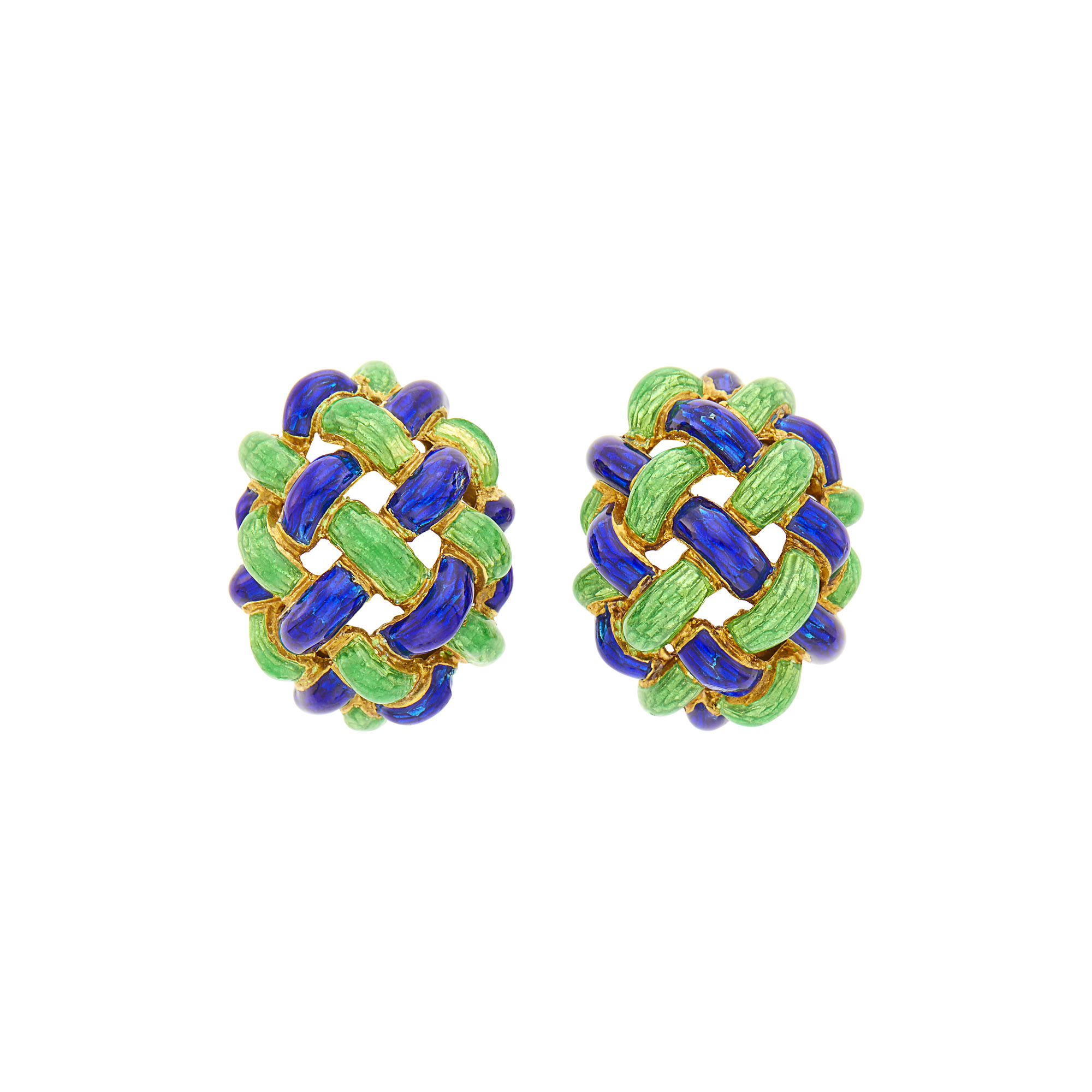 Lot image - Pair of Gold, Green and Blue Enamel Bombé Earrings
