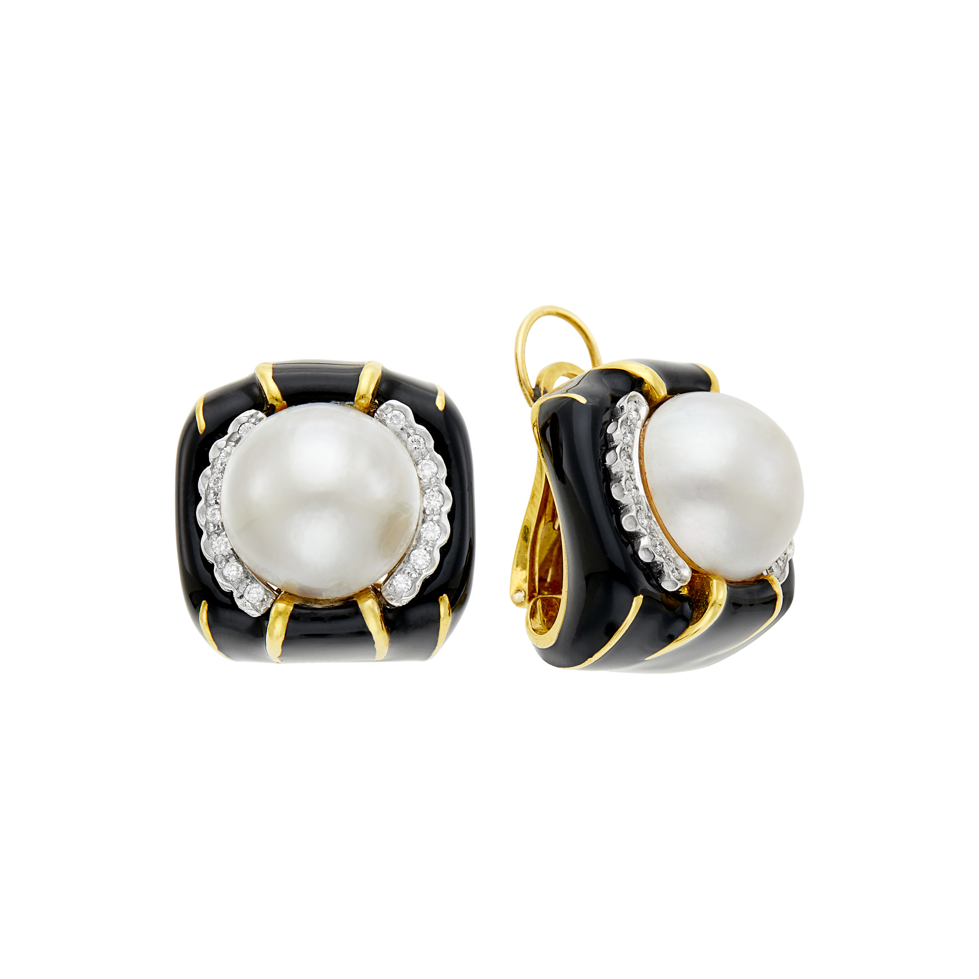 Lot image - Pair of Gold, Mabé Pearl, Black Enamel and Diamond Earclips