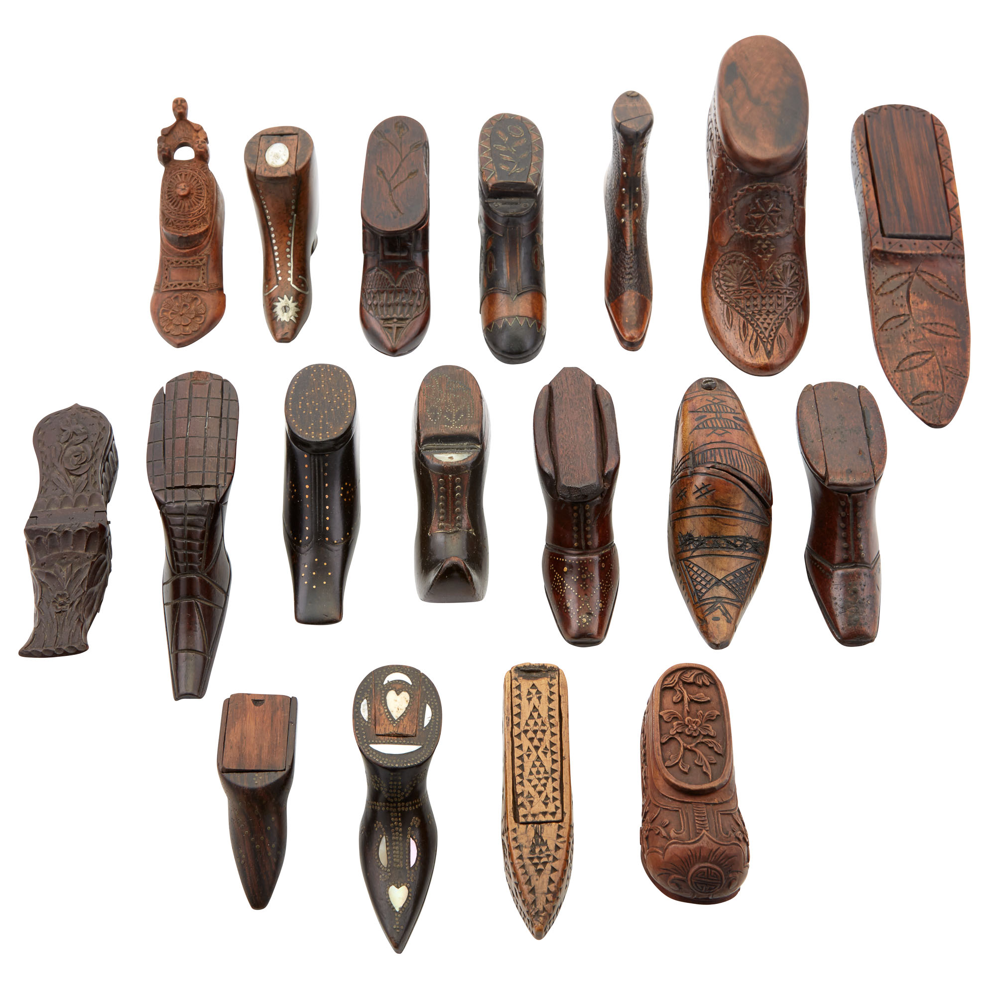 Lot image - Miscellaneous Group of English and Continental Shoe-Form Treen Snuff Boxes