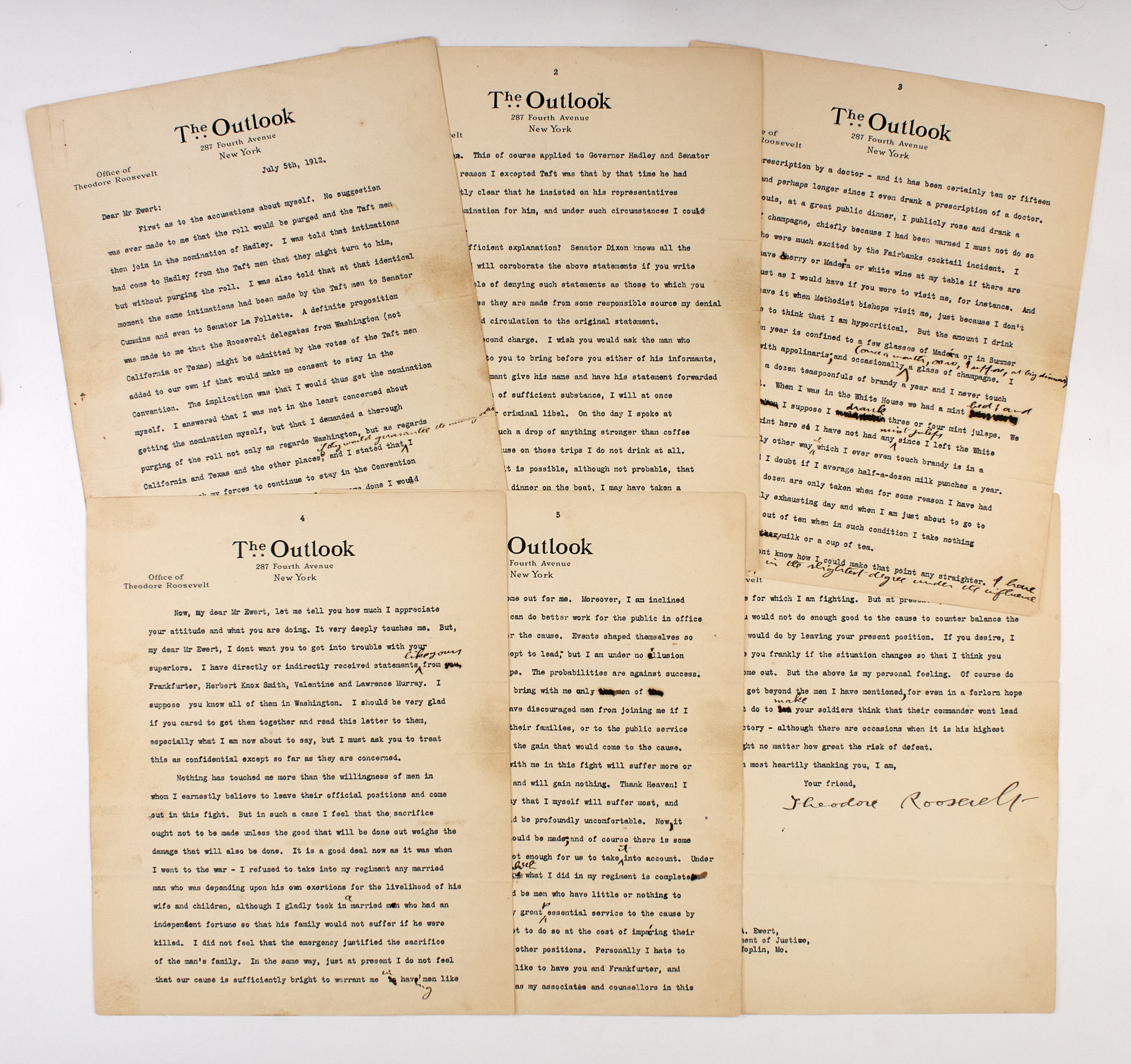 Lot image - ROOSEVELT, THEODORE  A remarkable six-page letter from Roosevelt, with associated archive, regarding the Bull Moose Party.