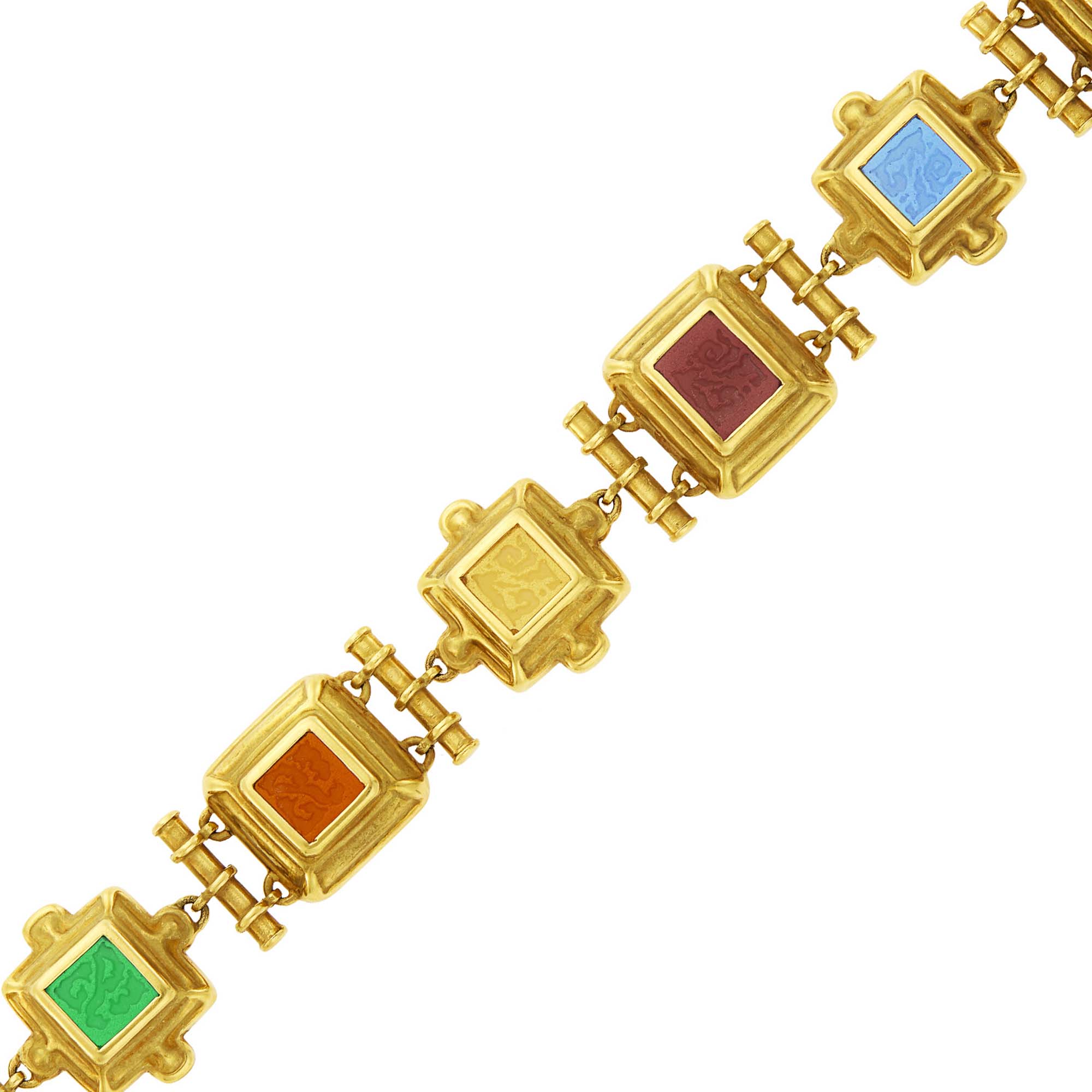 Lot image - Gold and Multicolored Glass Intaglio Bracelet