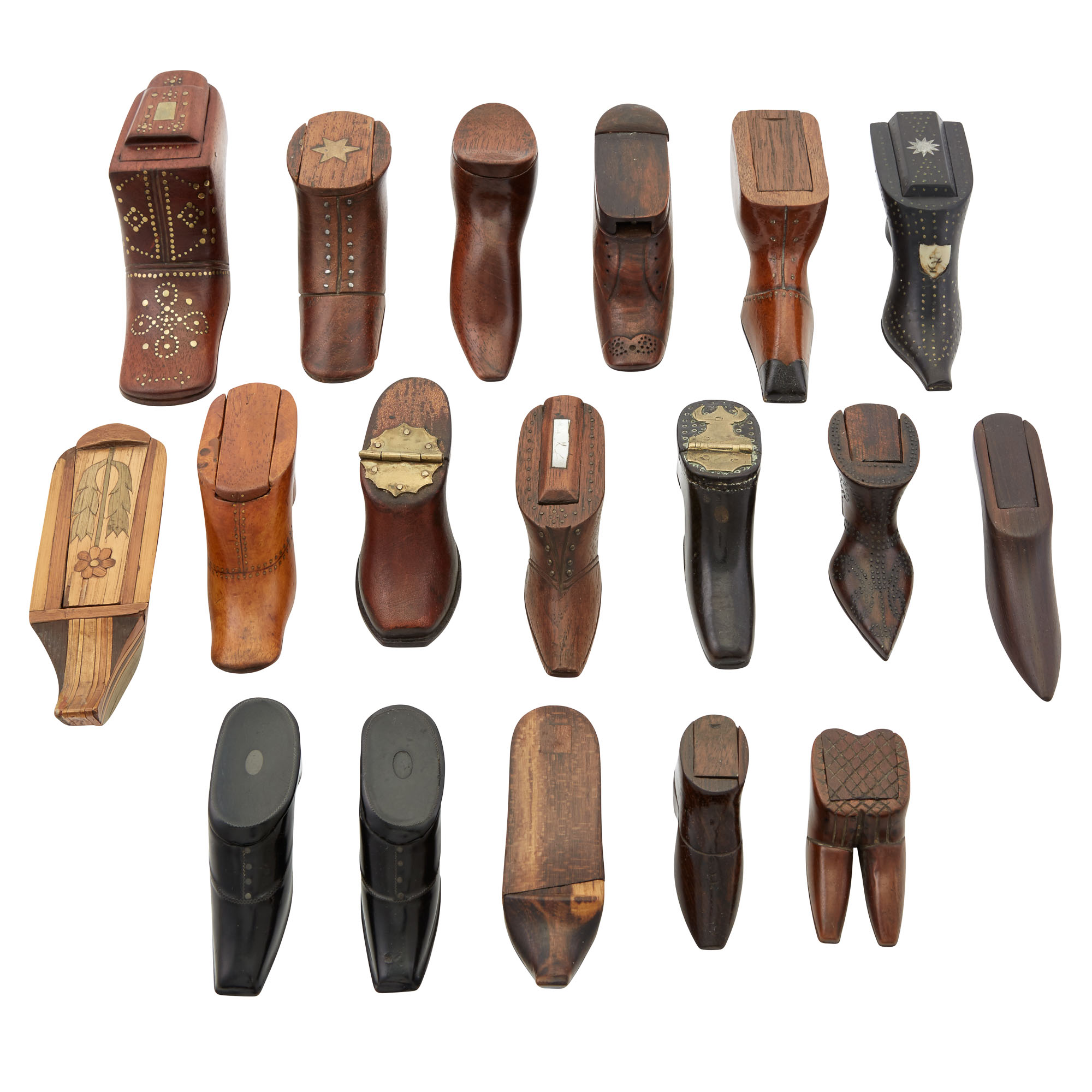 Lot image - Miscellaneous Group of English and Continental Shoe-Form Treen Snuff Boxes