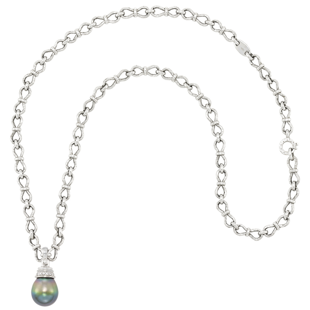 Lot image - Long White Gold, Diamond and Tahitian Black Cultured Pearl Pendant-Necklace