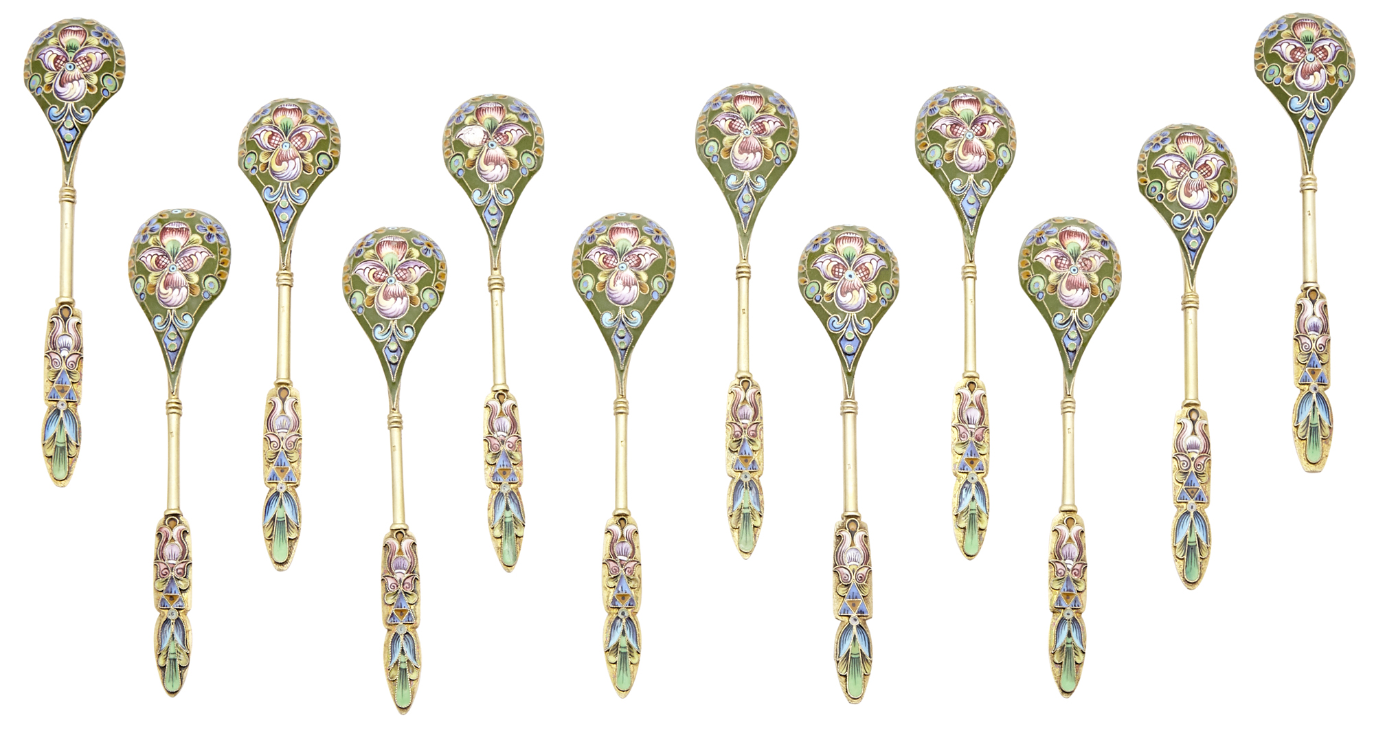 Lot image - Set of Twelve Russian Silver-Gilt and Cloisonné Enamel Spoons