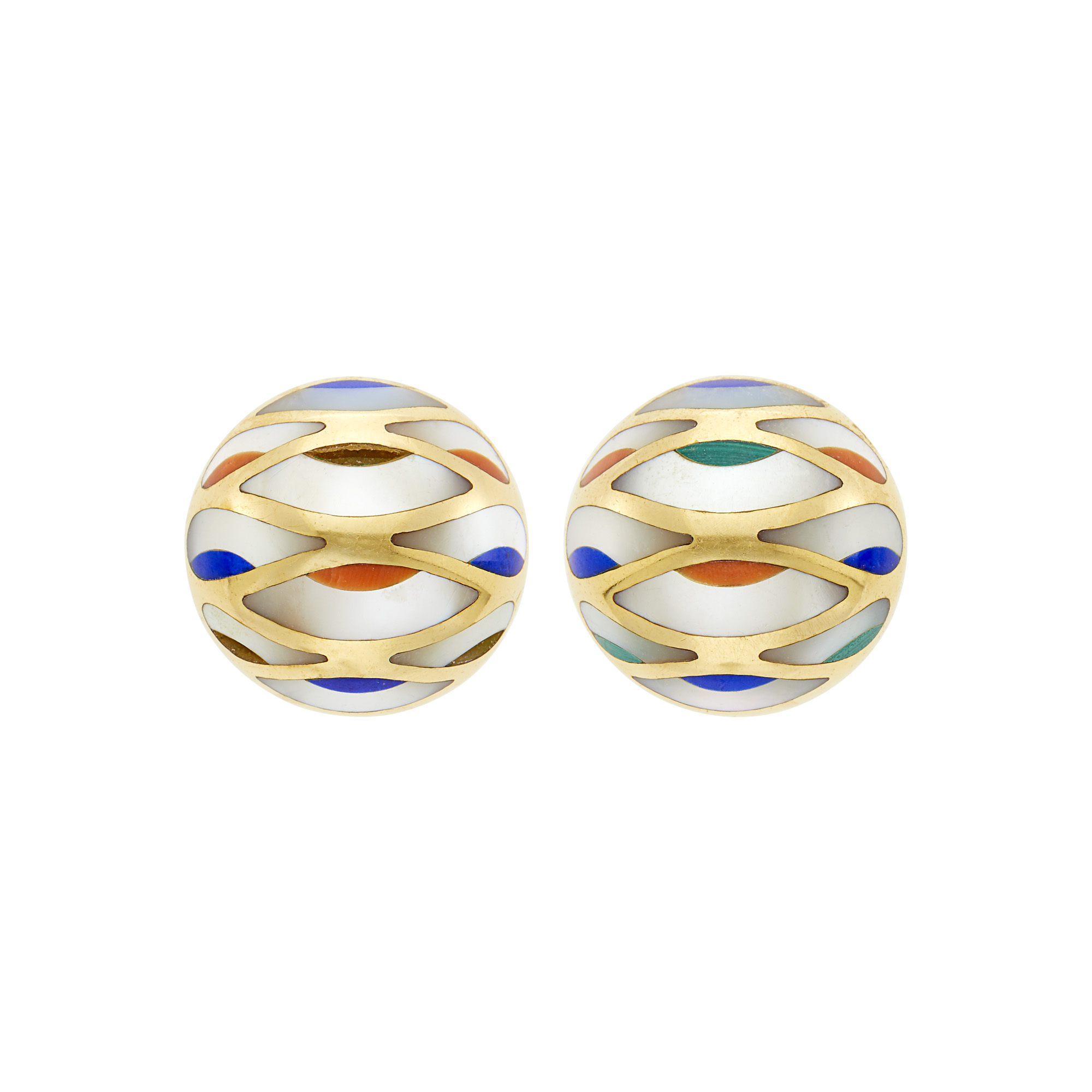 Lot image - Grossbardt Asch Pair of Gold, Mother-of-Pearl and Hardstone Dome Button Earclips