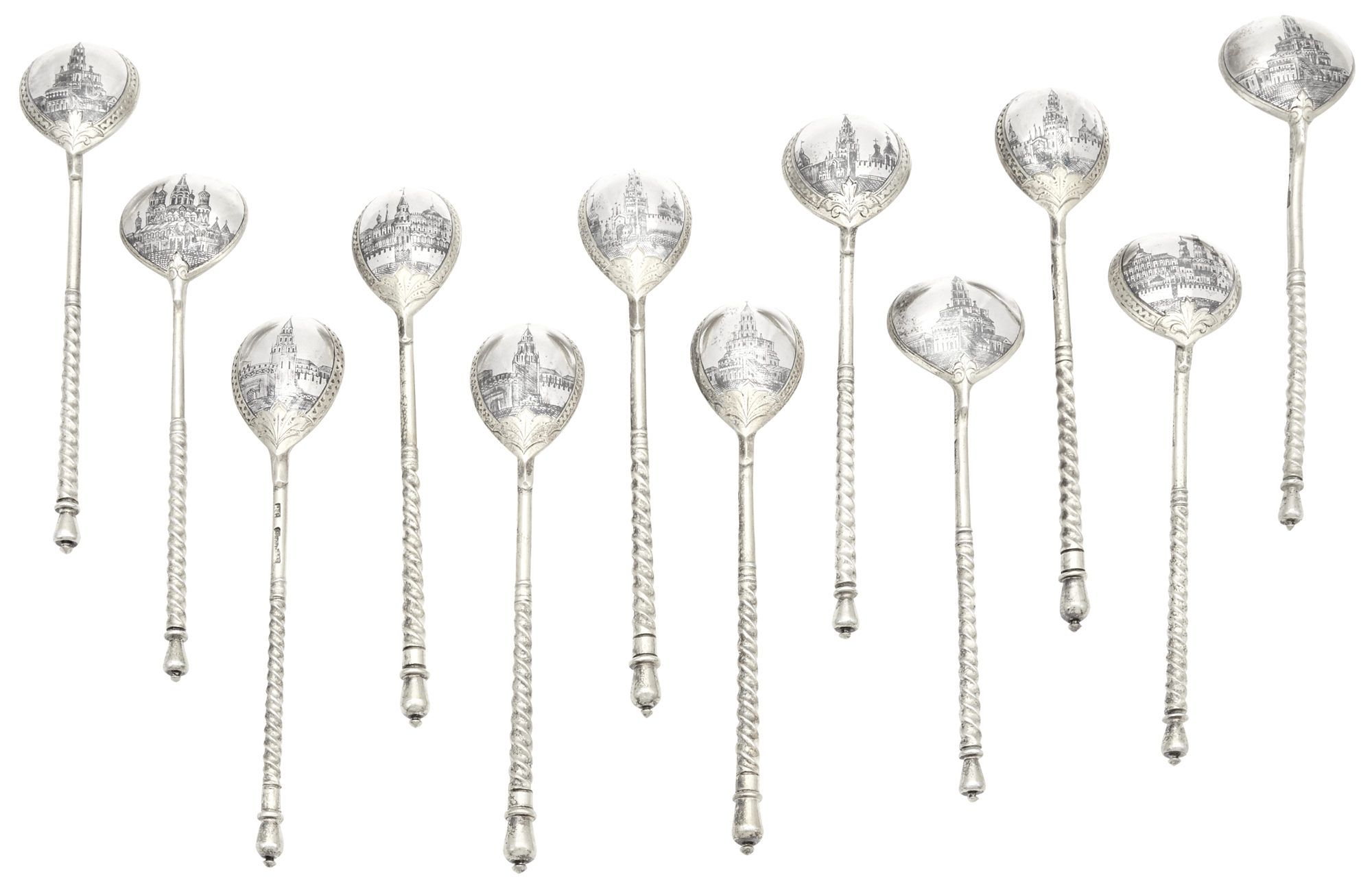 Lot image - Assembled Set of Twelve Russian Silver and Niello Spoons