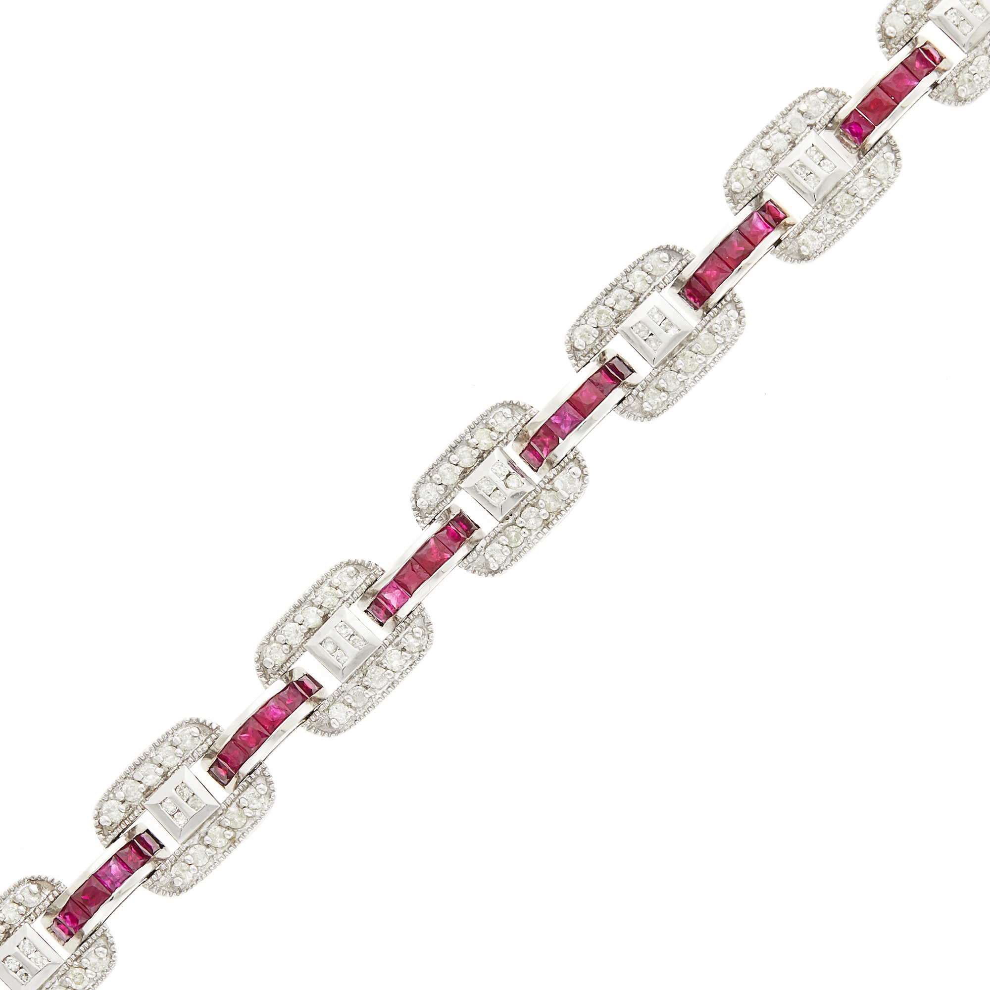 Lot image - White Gold, Ruby, Diamond and Colored Diamond Link Bracelet