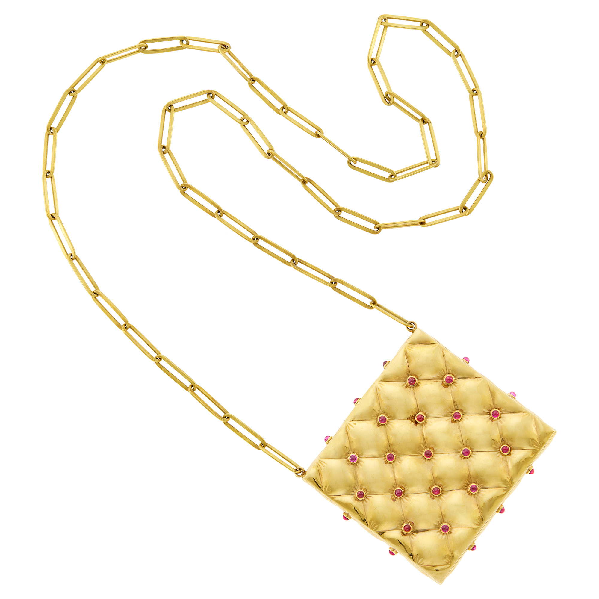 Lot image - Paul Flato Quilted Gold and Cabochon Ruby Case with Gold Chain