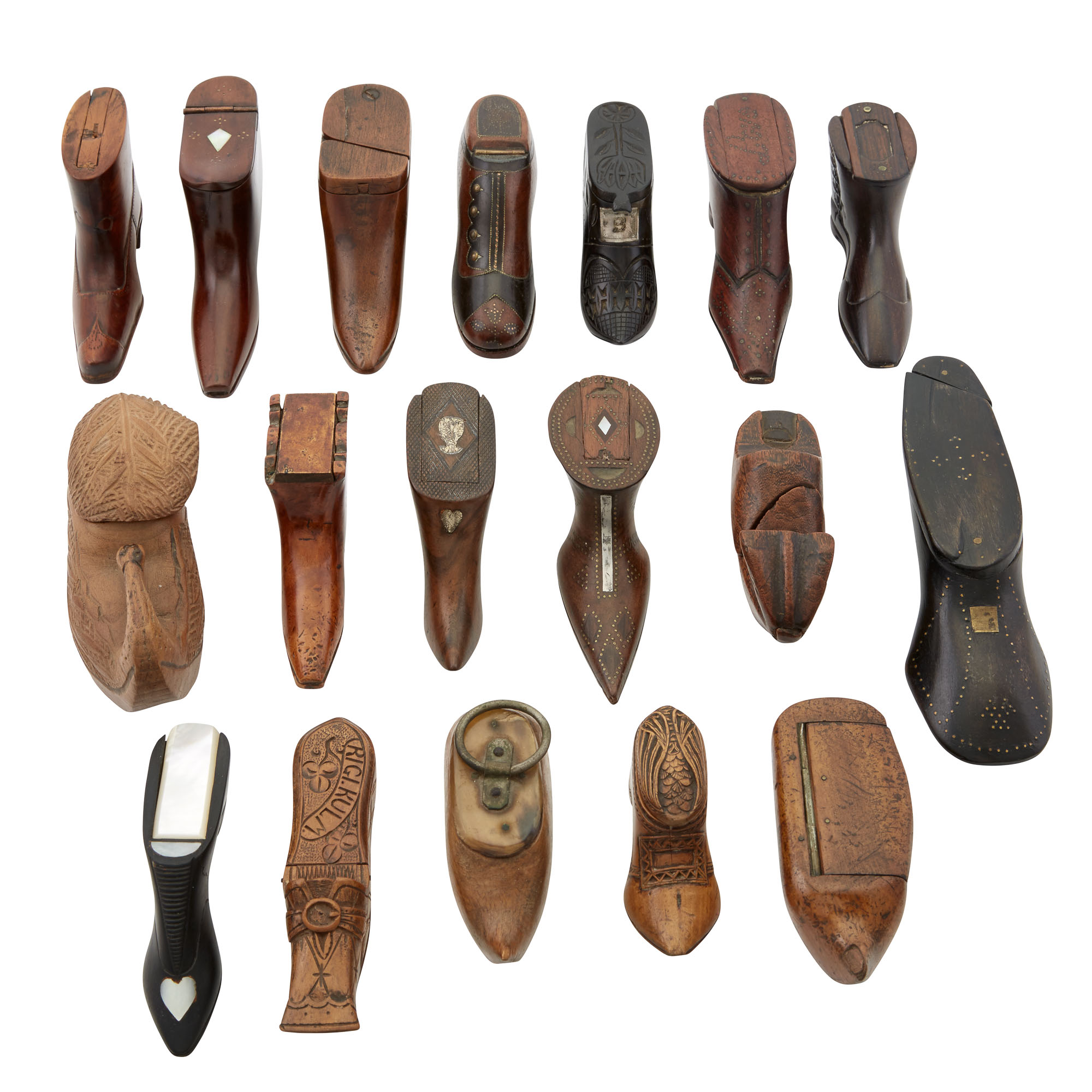 Lot image - Miscellaneous Group of English and Continental Shoe-Form Treen Snuff Boxes