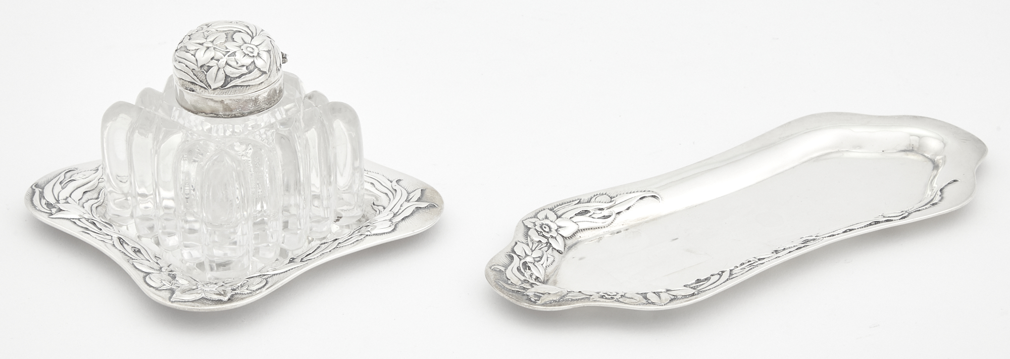 Lot image - American Art Nouveau Sterling Silver and Glass Part Desk Set