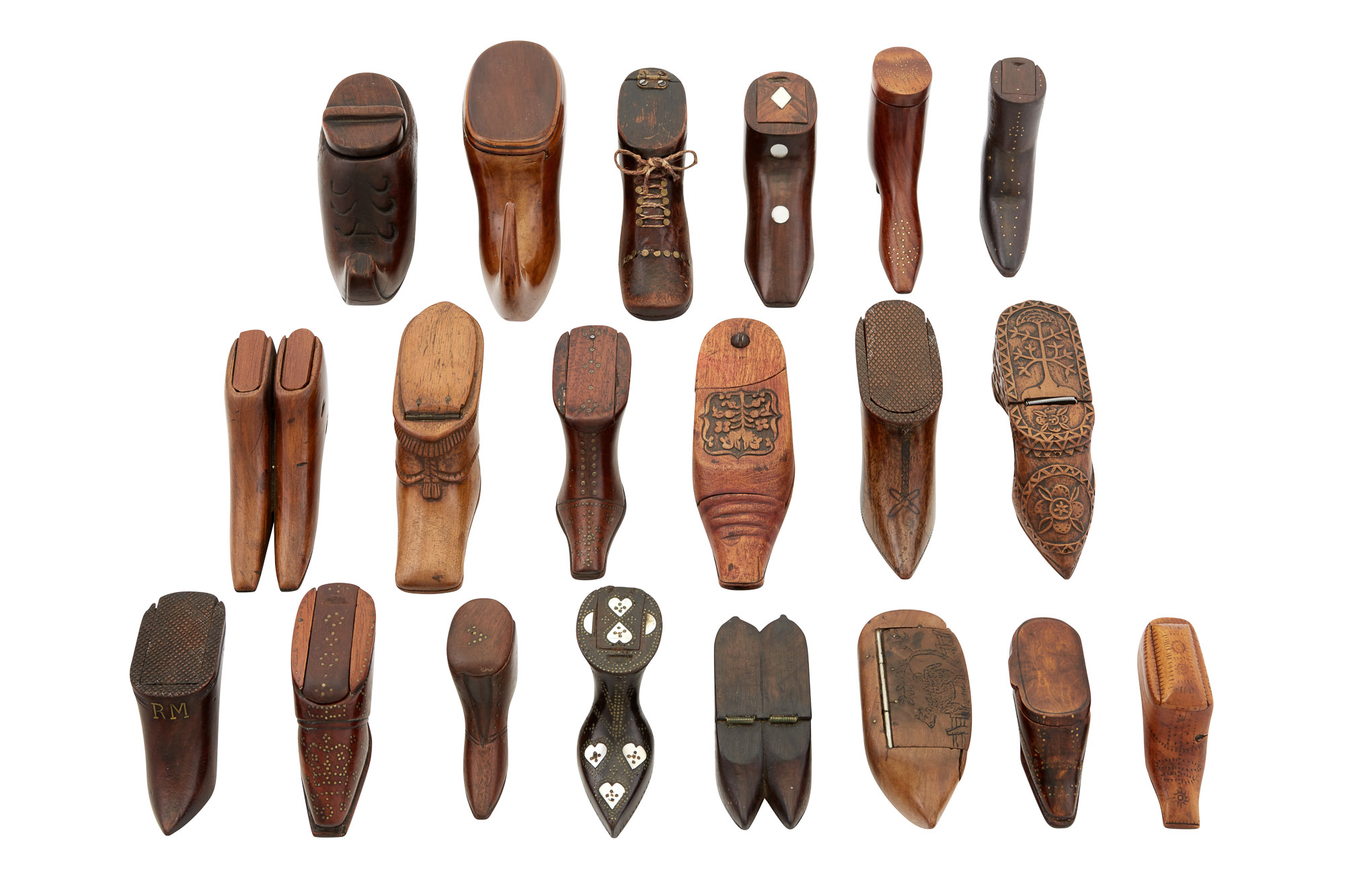 Lot image - Miscellaneous Group of English and Continental Shoe-Form Treen Snuff Boxes