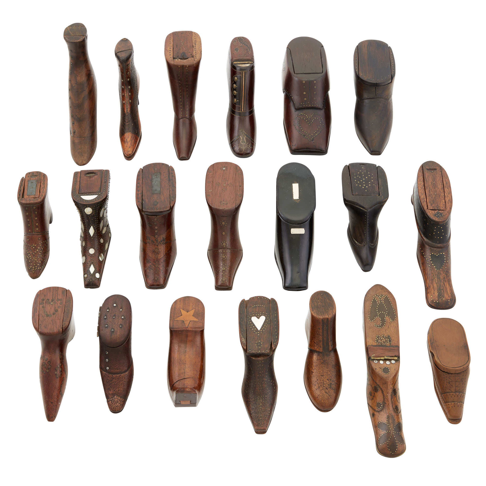 Lot image - Miscellaneous Group of English and Continental Shoe-Form Treen Snuff Boxes