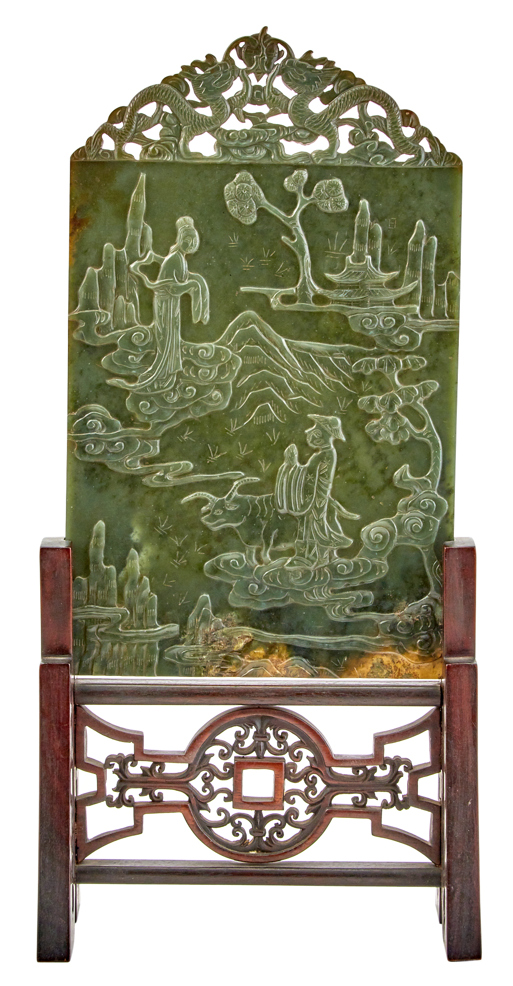 Lot image - A Chinese Spinach Jade Table Screen