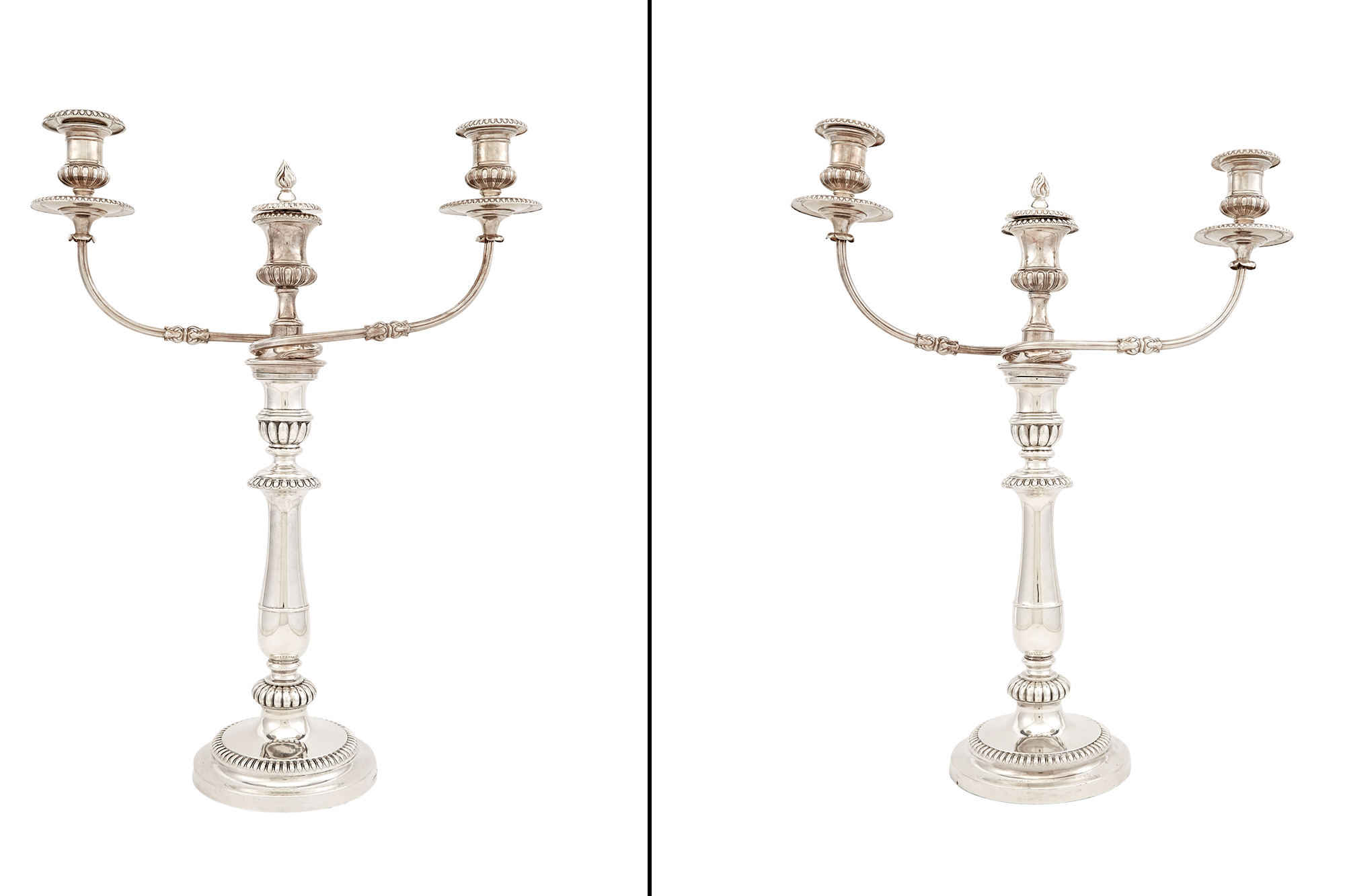 Lot image - Pair of George III Sterling Silver Candlesticks Together With a Pair of Silver Plated Three-Light Candelabra Branches