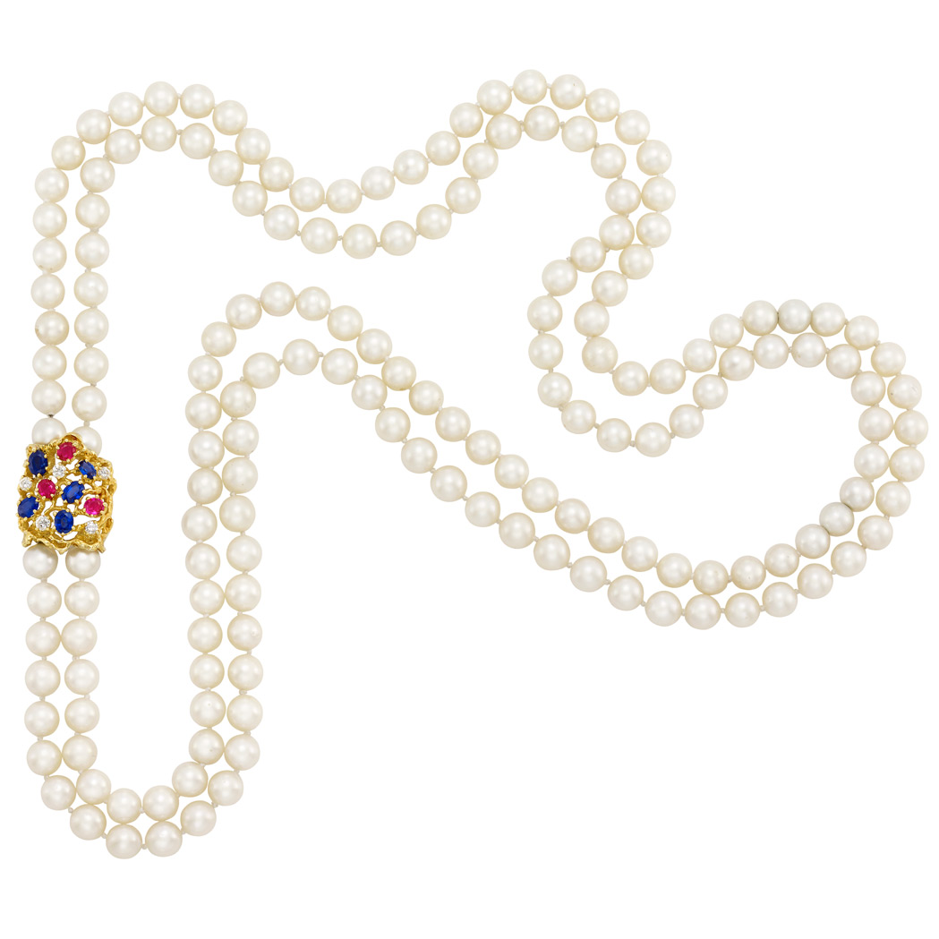 Lot image - Multi-Strand Cultured Pearl Necklace with Gold, Diamond, Ruby and Sapphire Clasp-Brooch, Attributed to Arthur King