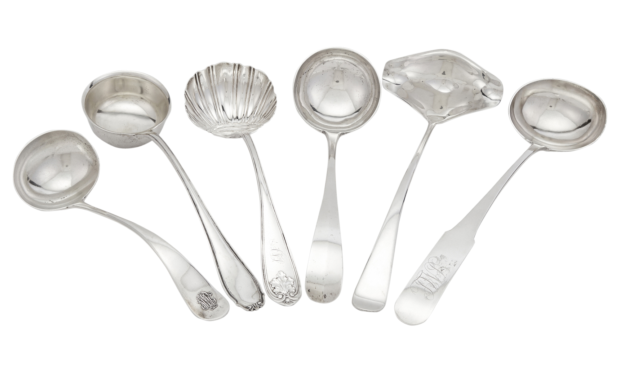 Lot image - Group of Six Silver Soup and Punch Ladles