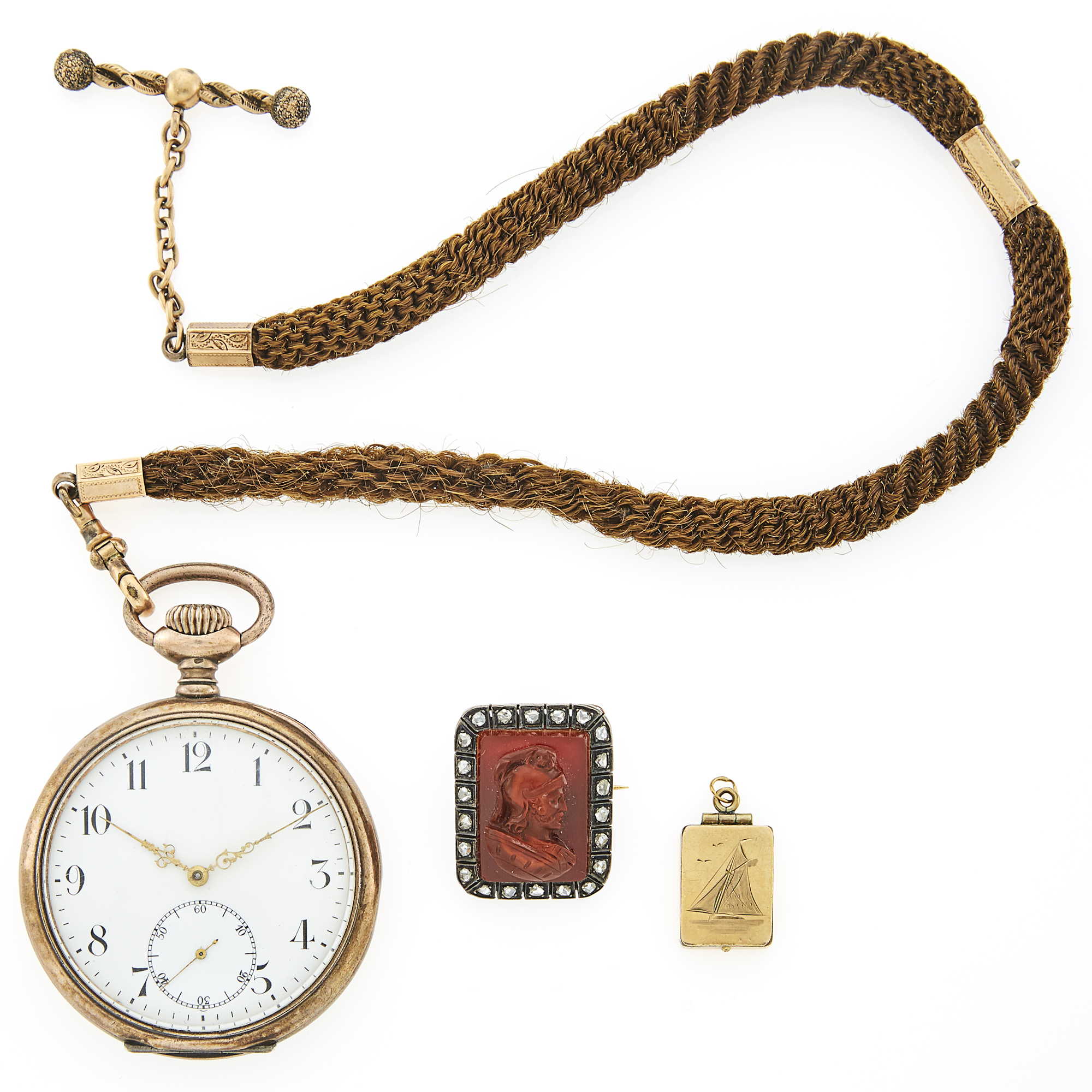 Lot image - Gold-Filled Open Face Pocket Watch with Braided Hair Fob Chain, Silver, Carnelian Cameo and Diamond Brooch and Gold-Filled Locket