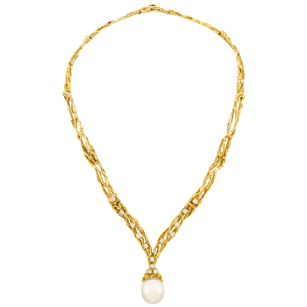 Lot image - Gold, South Sea Cultured Pearl and Diamond Necklace, Arthur King