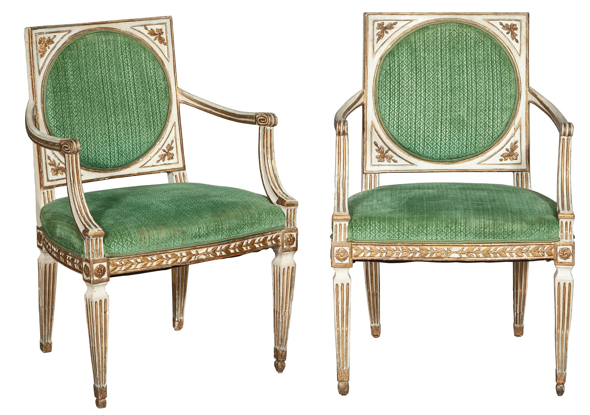 Lot image - Pair of Italian Neoclassical Painted and Parcel-Gilt Armchairs