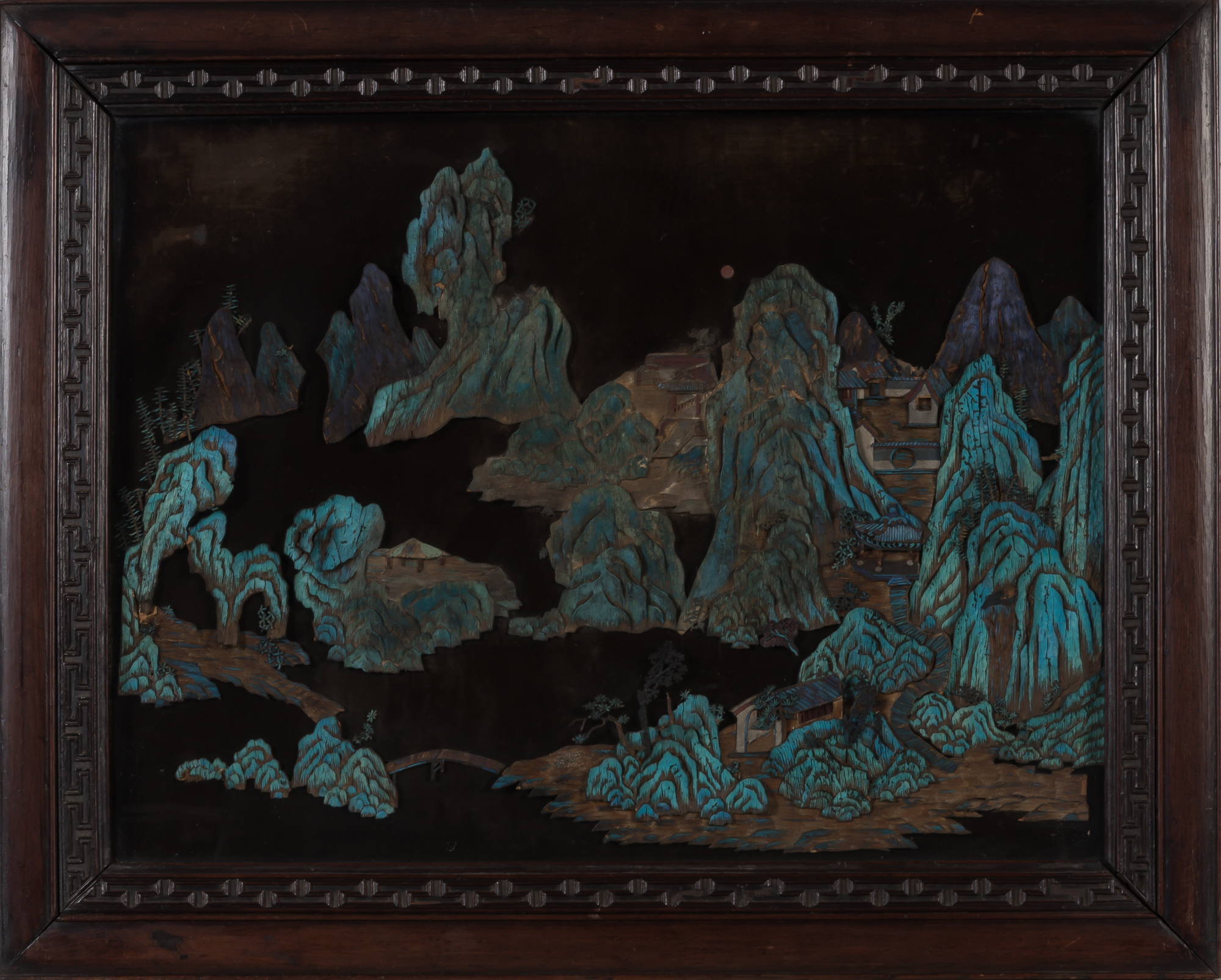 Lot image - A Chinese Kingfisher-Embellished Landscape Plaque in Hardwood Frame