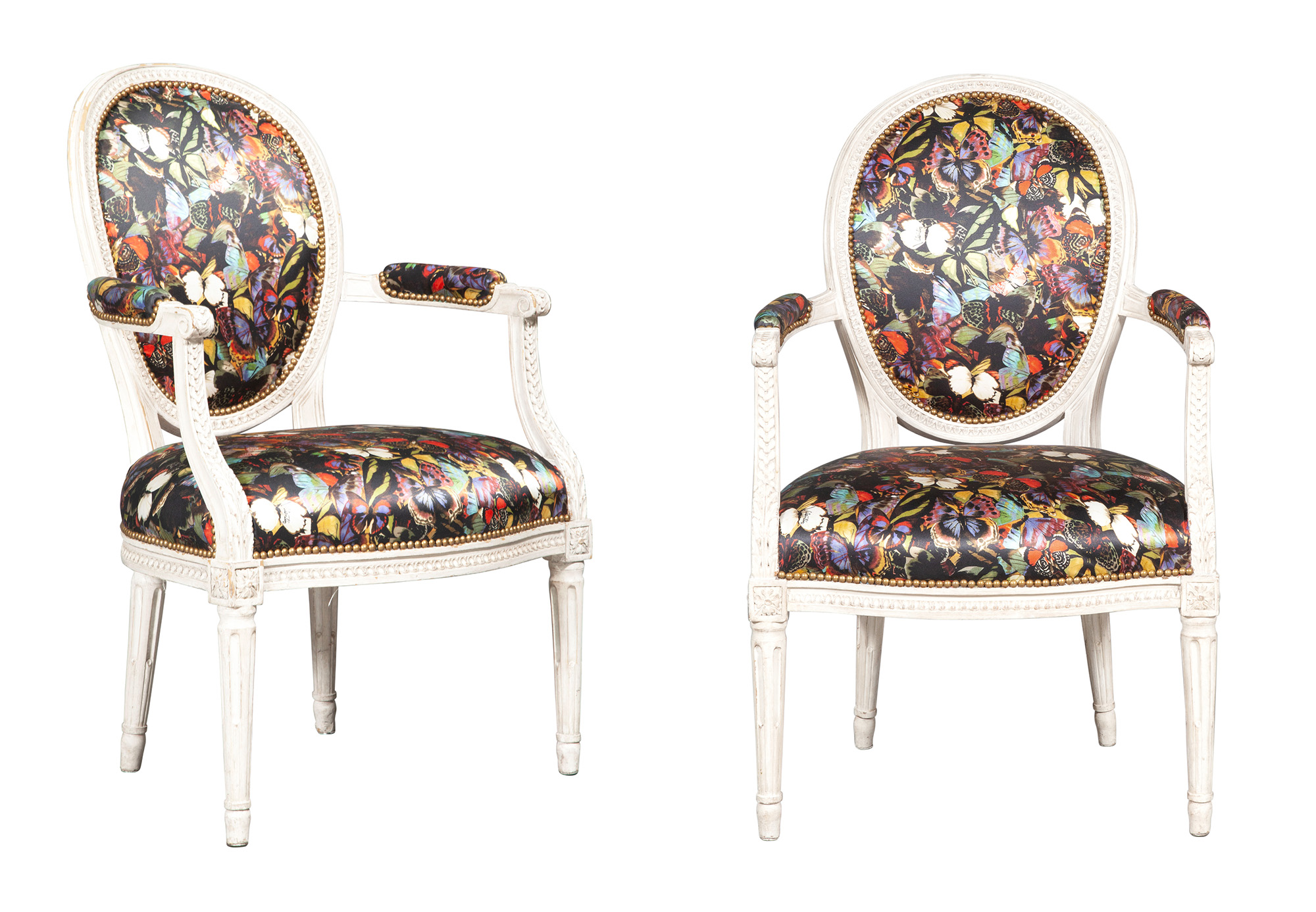 Lot image - Pair Louis XVI Style Valentino Upholstered Painted Wood Fauteuils