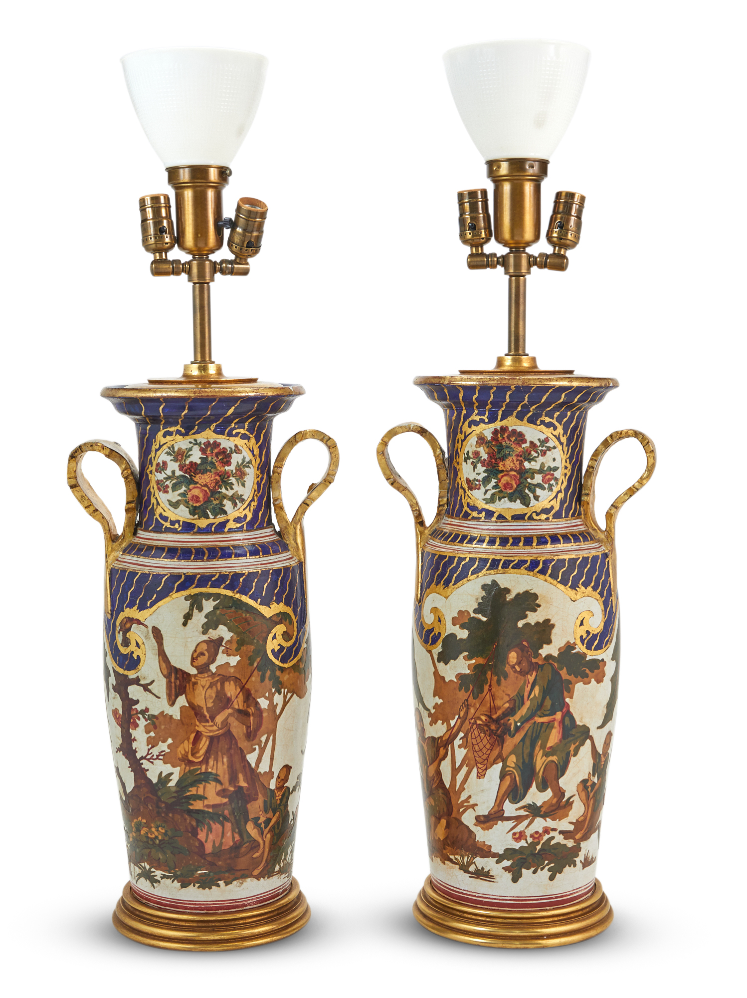Lot image - Pair of Painted and Gilt Decoupage Lamps