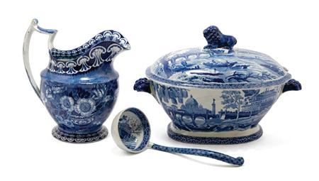 Lot image - Staffordshire Blue and White Transfer Decorated Pottery Tureen, Cover and Ladle