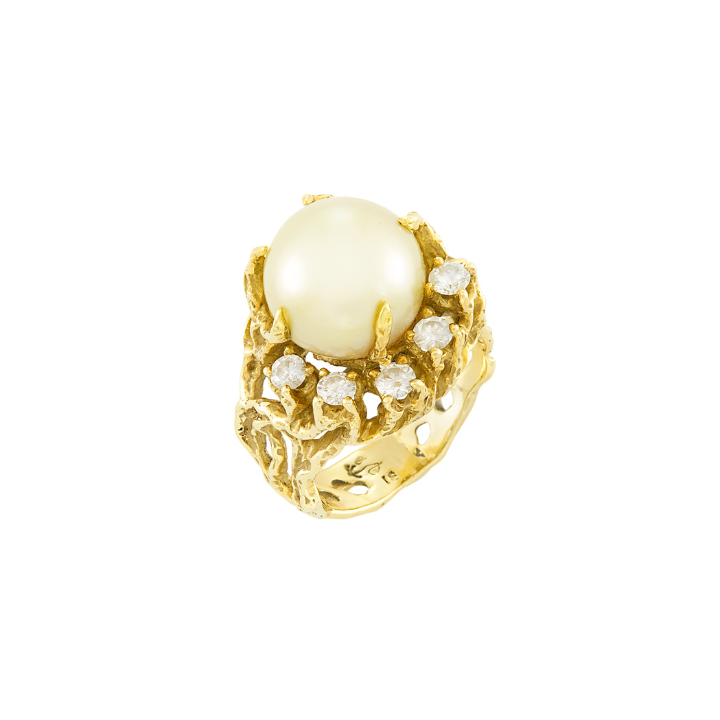 Lot image - Gold, South Sea Cultured Pearl and Diamond Ring, Arthur King